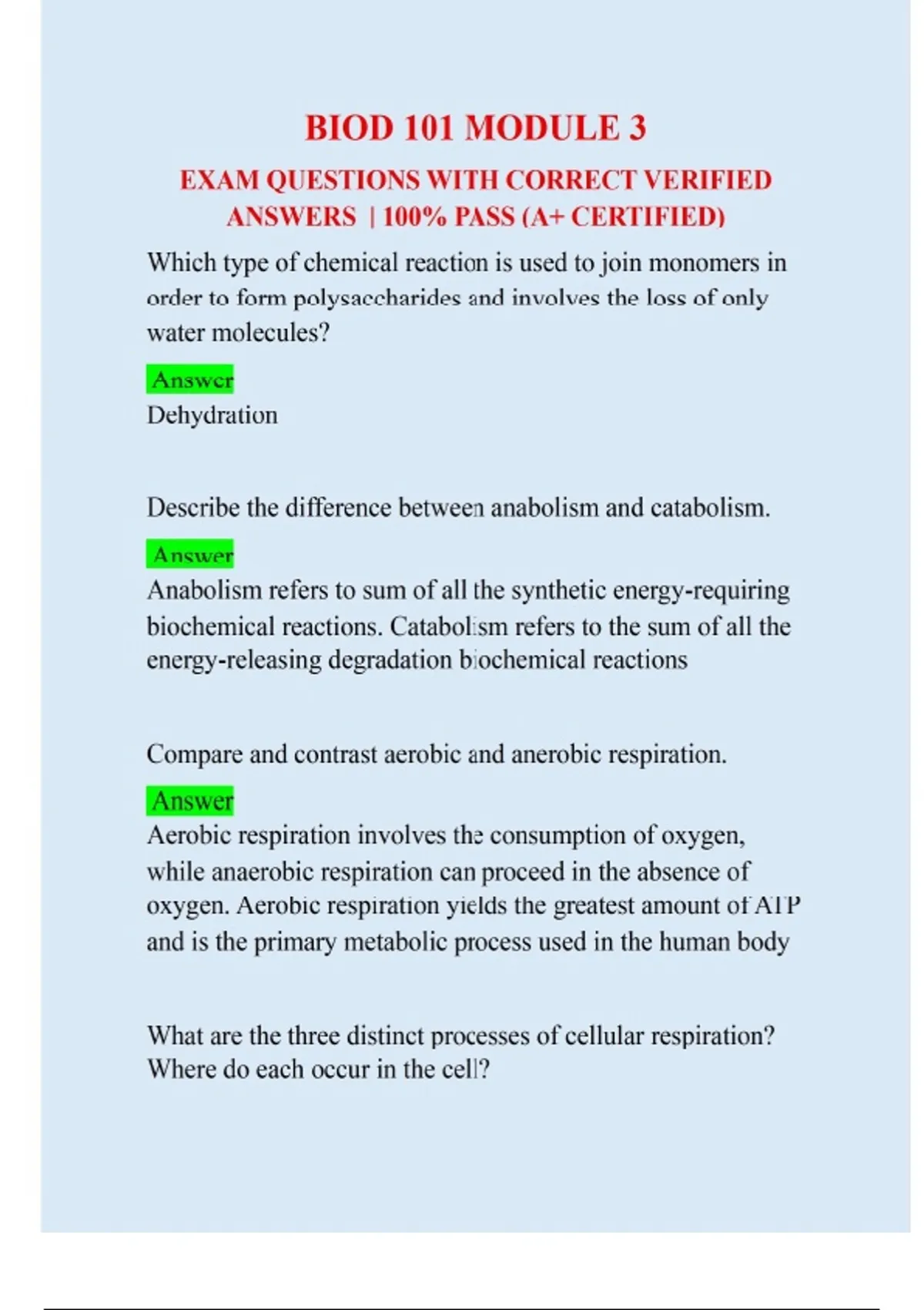 BIOD 101 MODULE 3 EXAM QUESTIONS WITH CORRECT VERIFIED ANSWERS | 100% ...