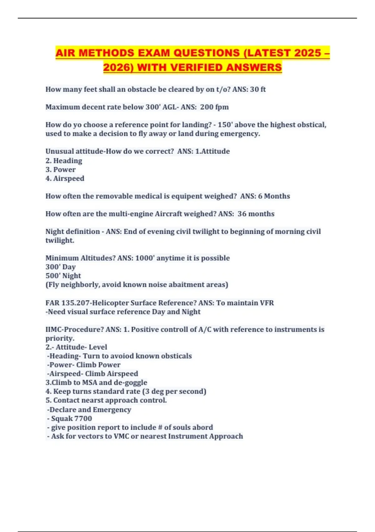 AIR METHODS EXAM QUESTIONS (LATEST 2025 – 2026) WITH VERIFIED ANSWERS ...