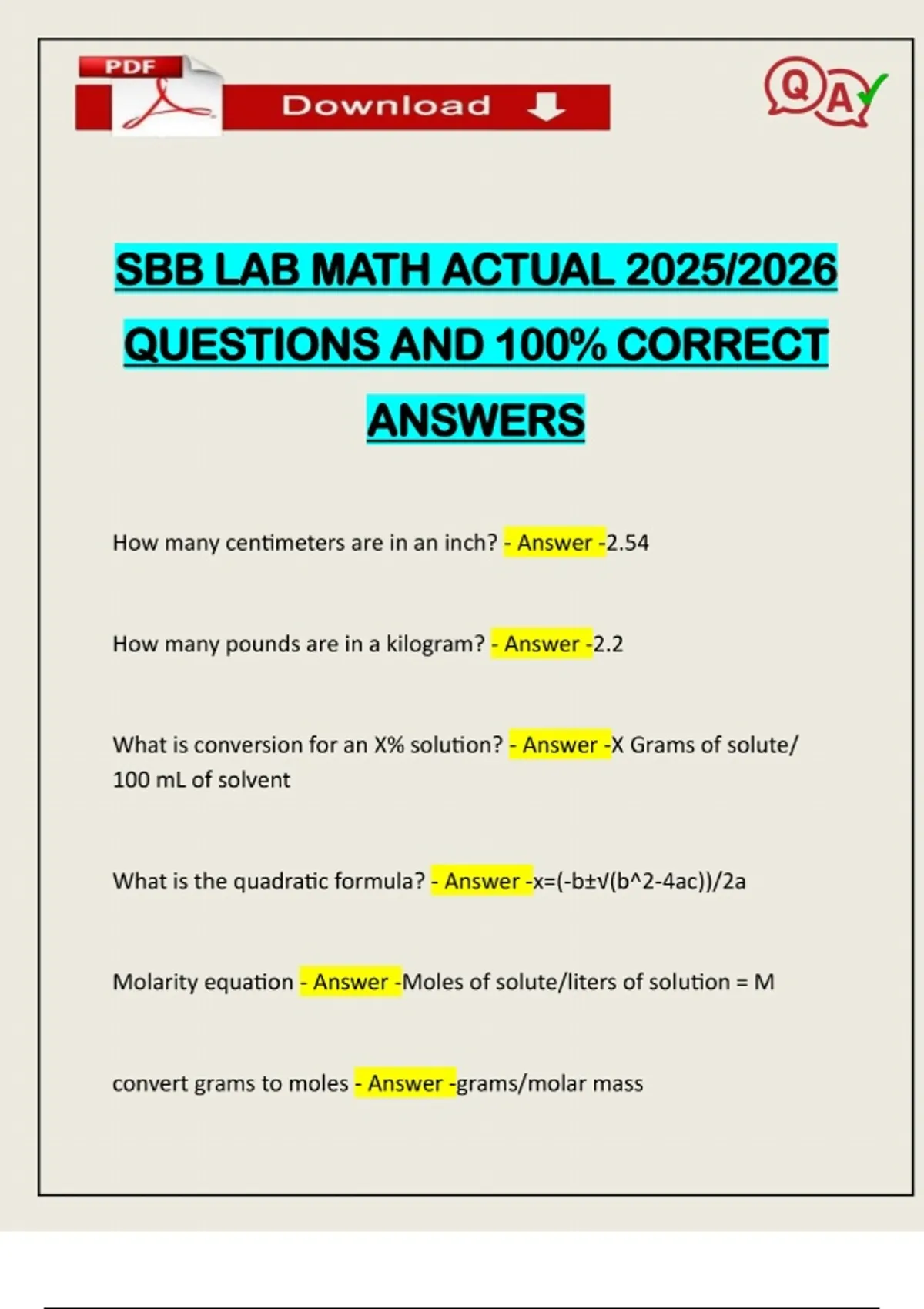 Sbb Lab Math SBB LAB MATH ACTUAL 2025/2026 QUESTIONS AND 100% CORRECT ANSWERS - SBB ...