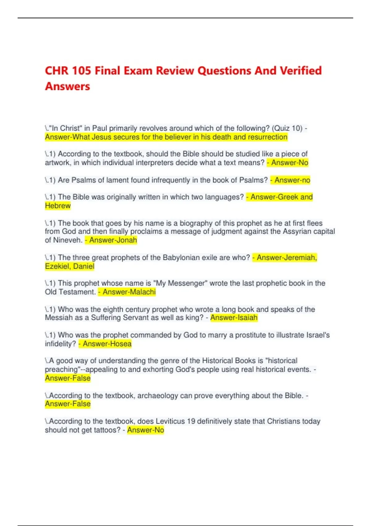 CHR 105 Final Exam Review Questions And Verified Answers - CHR 105 ...