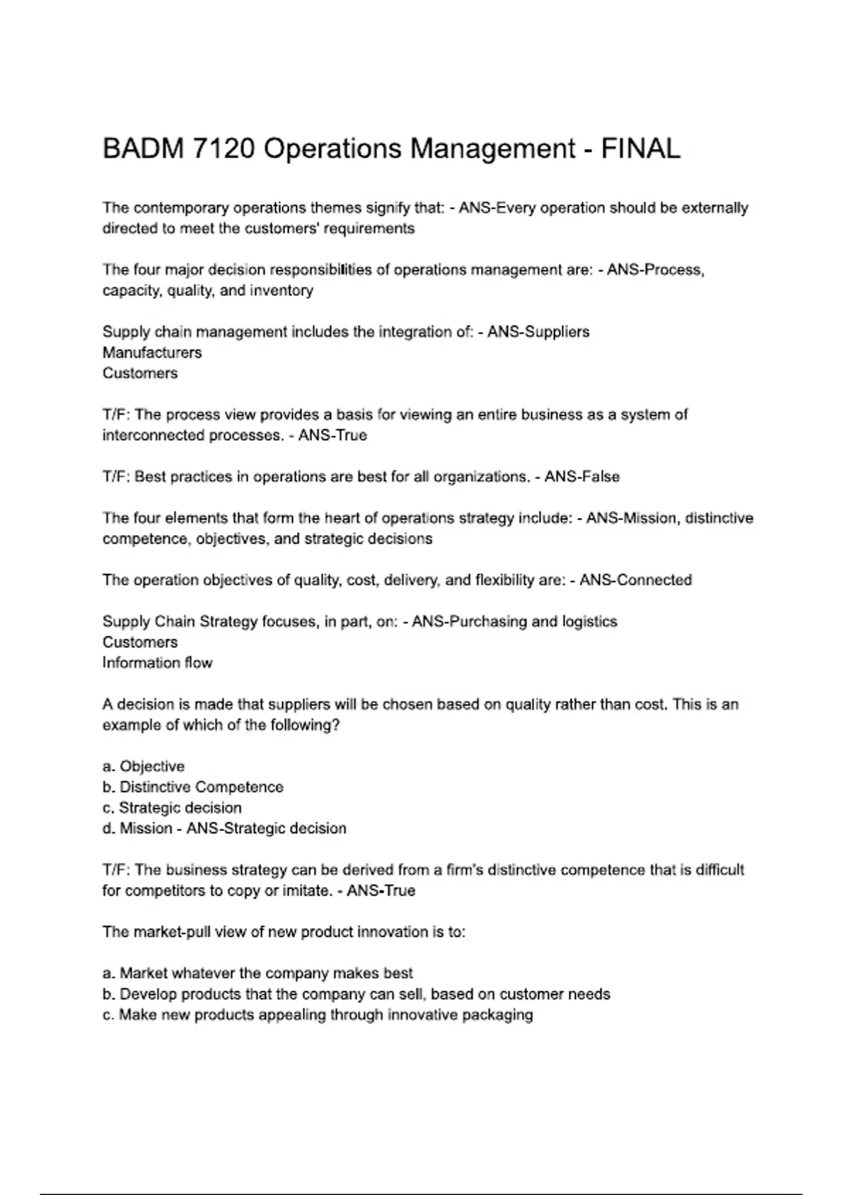 BADM 7120 Operations Management Final Exam Questions and Answers ...