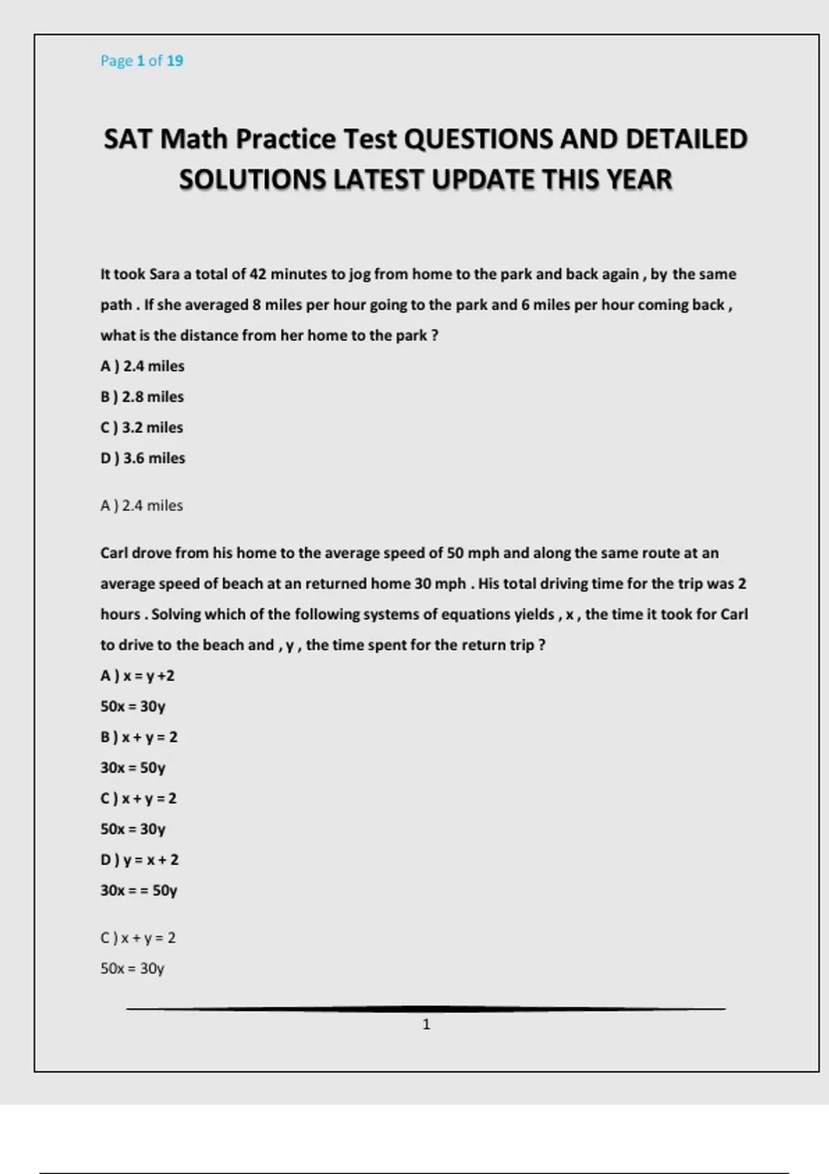 SAT Math Practice Test QUESTIONS AND DETAILED SOLUTIONS LATEST UPDATE ...