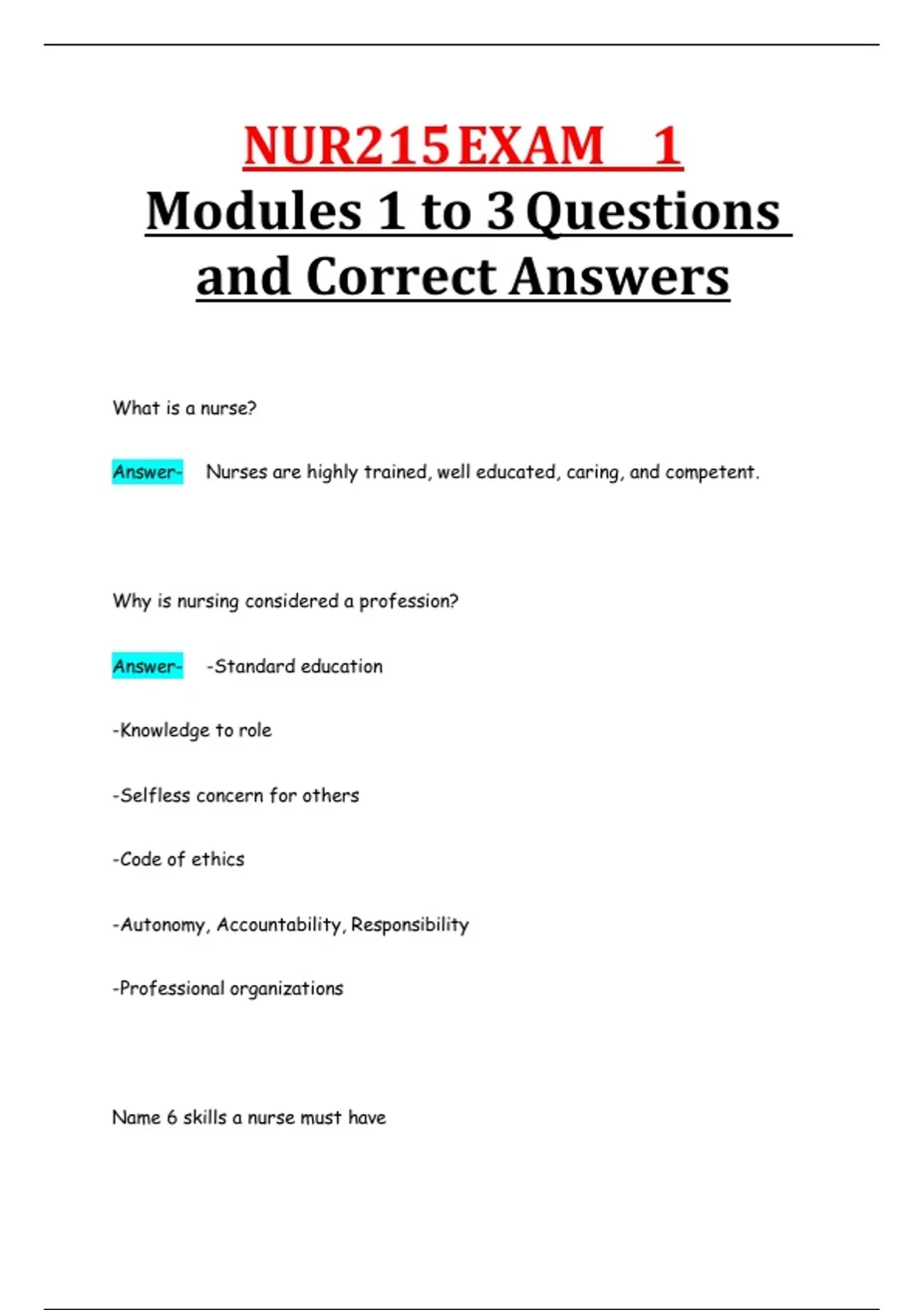 NUR 215 – Exam 1 (Modules 1–3) – Questions with Correct Answers Latest ...