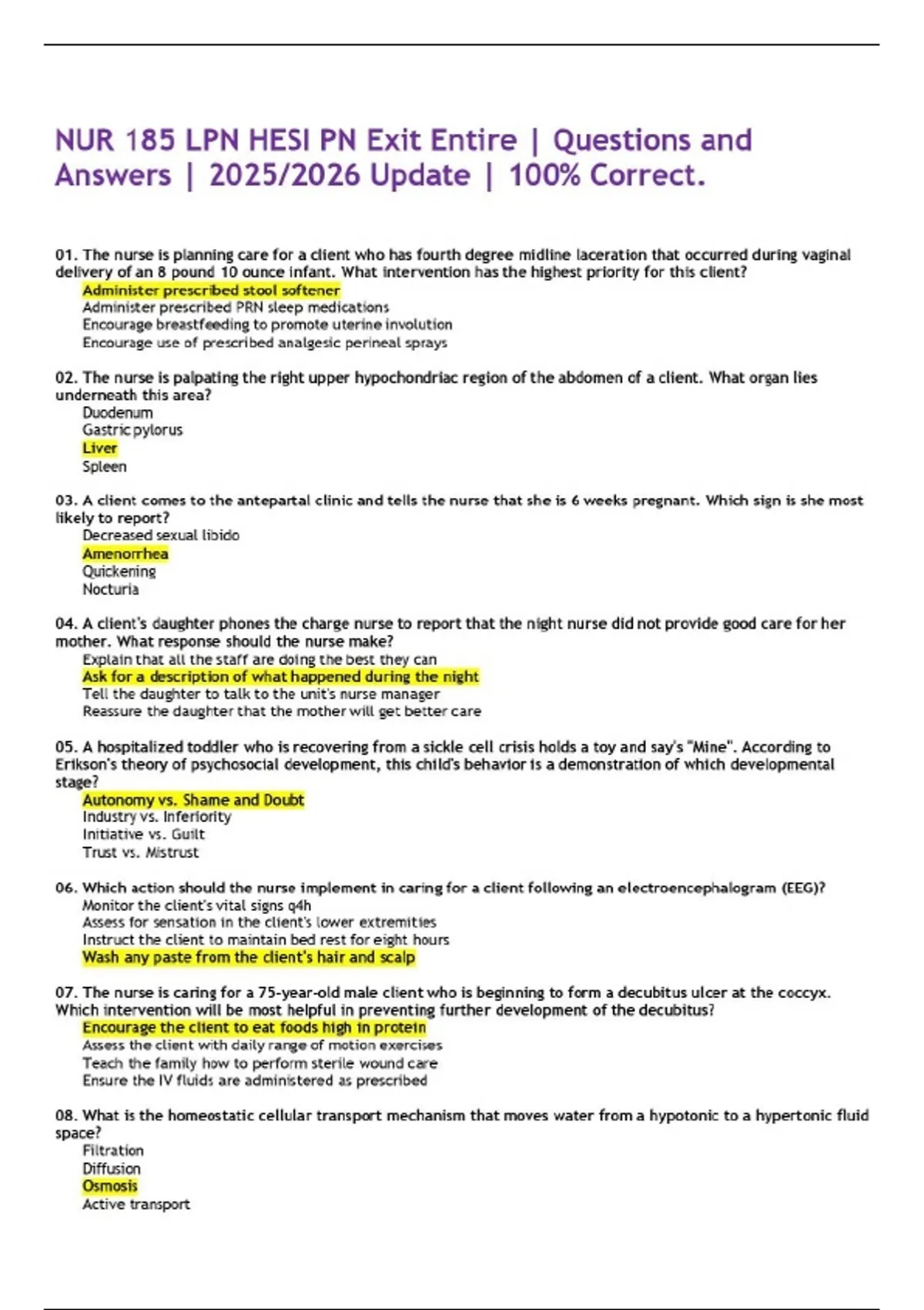 NUR 185 LPN HESI PN Exit Entire | Questions and Answers | 2025/2026 ...
