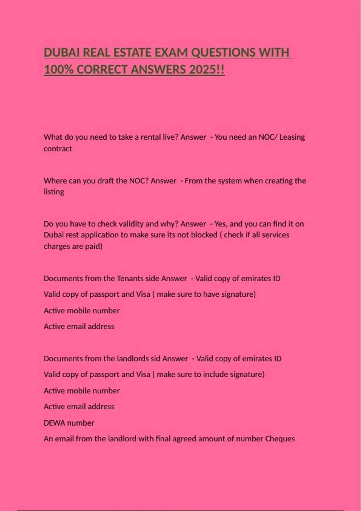 Questions Dubai DUBAI REAL ESTATE EXAM QUESTIONS WITH 100% CORRECT ANSWERS 2025 ...