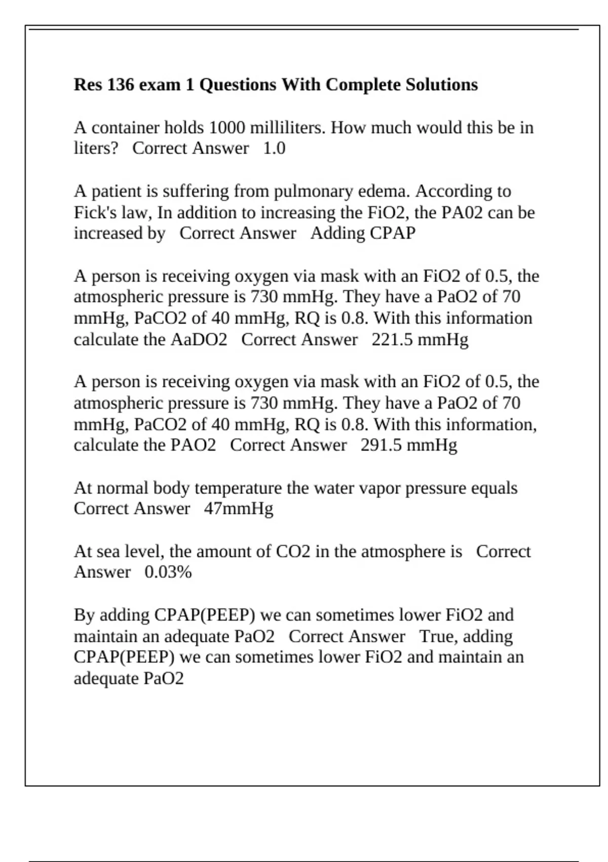 Res 136 exam 1 Questions With Complete Solutions - Res 136 - Stuvia US