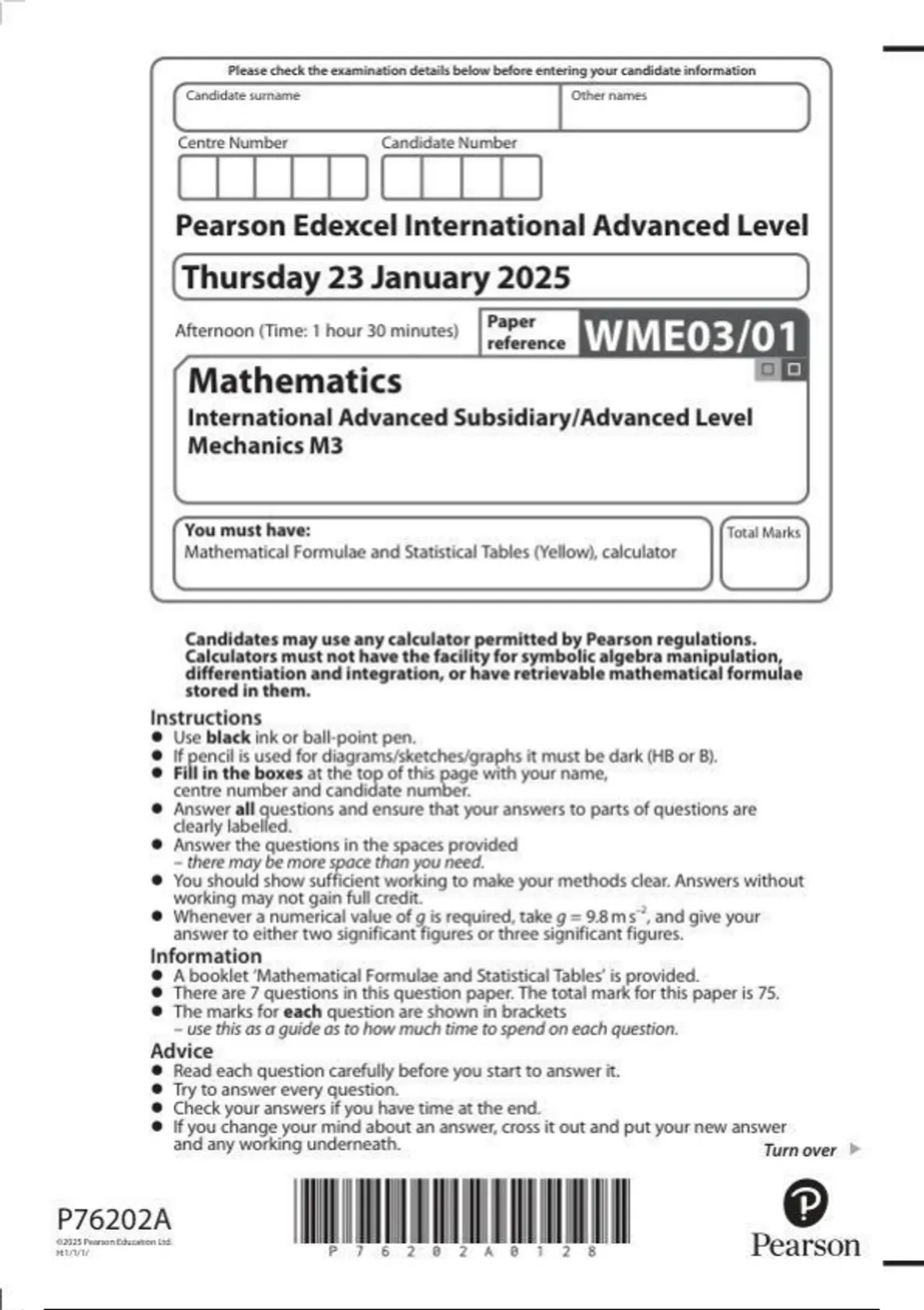 Ial Math Paper Pearson Edexcel IAL mathematics paper 1 wme03 mechanics m3 may 2025 ...