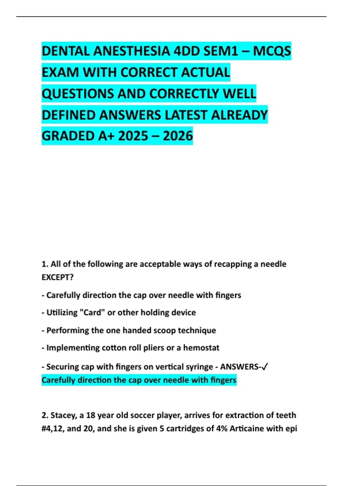 DENTAL ANESTHESIA 4DD SEM1 – MCQS EXAM WITH CORRECT ACTUAL QUESTIONS ...