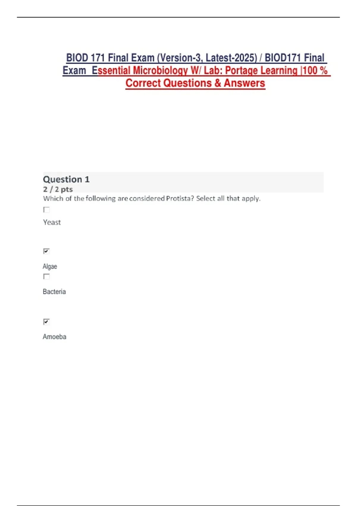 BIOD 171 Essential Microbiology with Lab – Final Exam (Version 3 ...