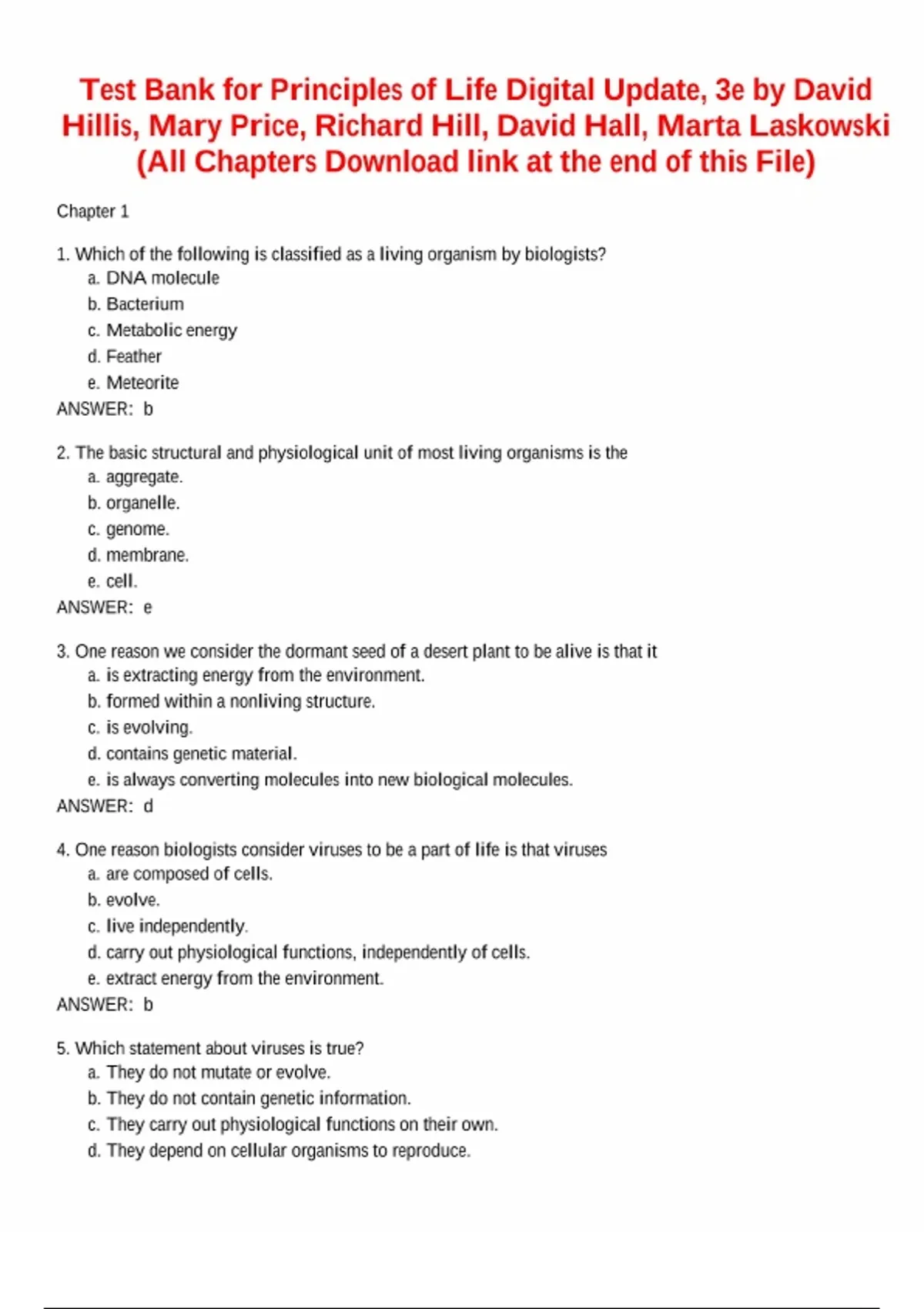 Test Bank For Principles of Life Digital Update Third Edition