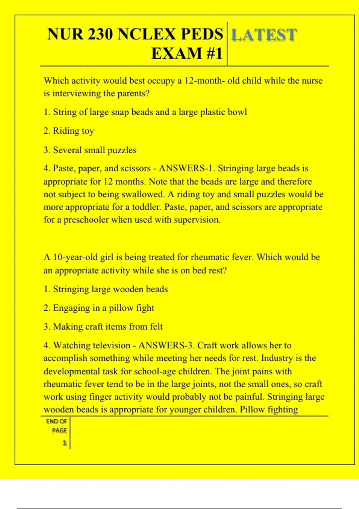 NUR 230 NCLEX PEDS EXAM # QUESTIONS AND ANSWERS 2025 - NUR 230 - Stuvia US