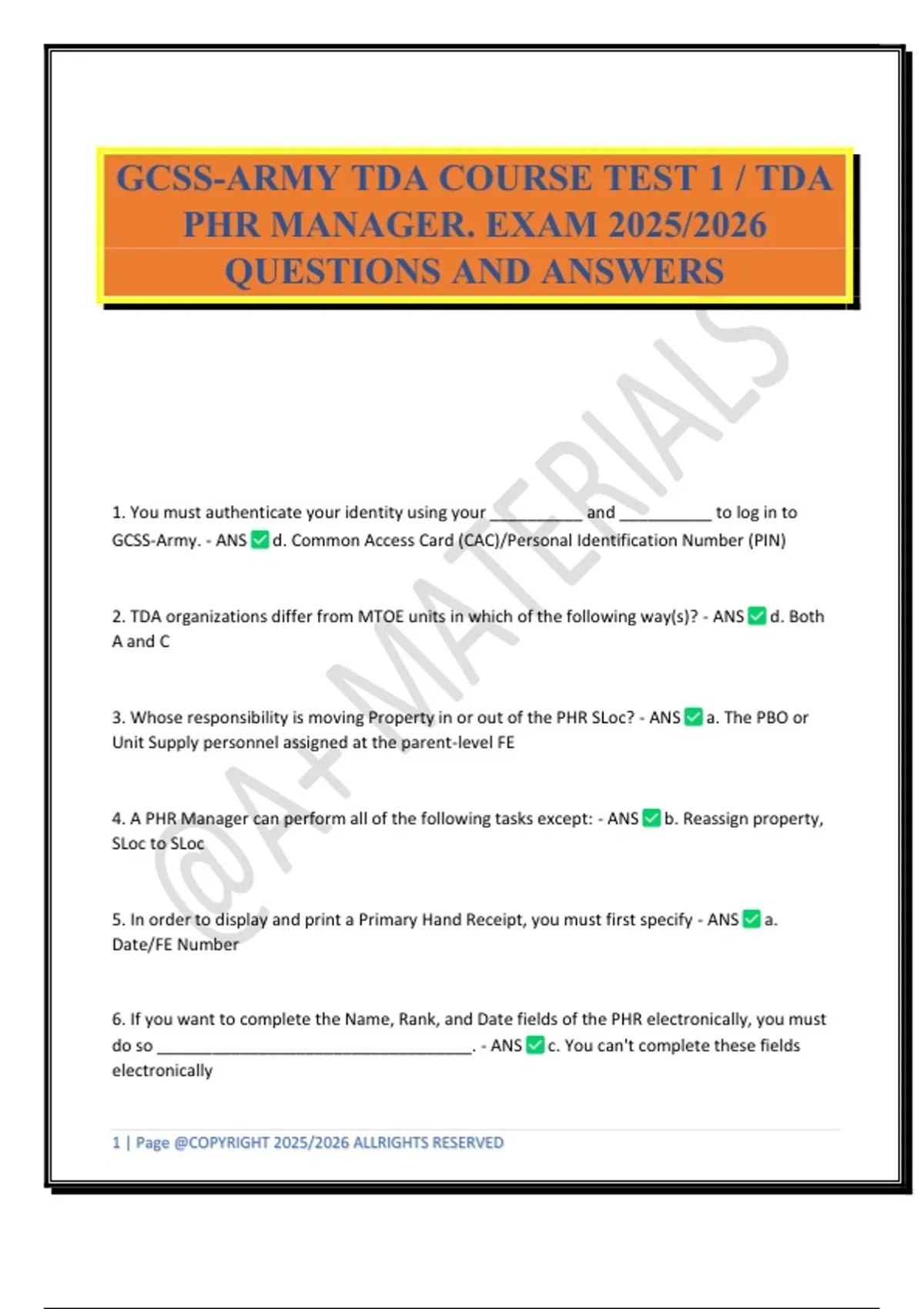 GCSS-ARMY TDA COURSE TEST 1 / TDA PHR MANAGER. EXAM 2025/2026 QUESTIONS ...