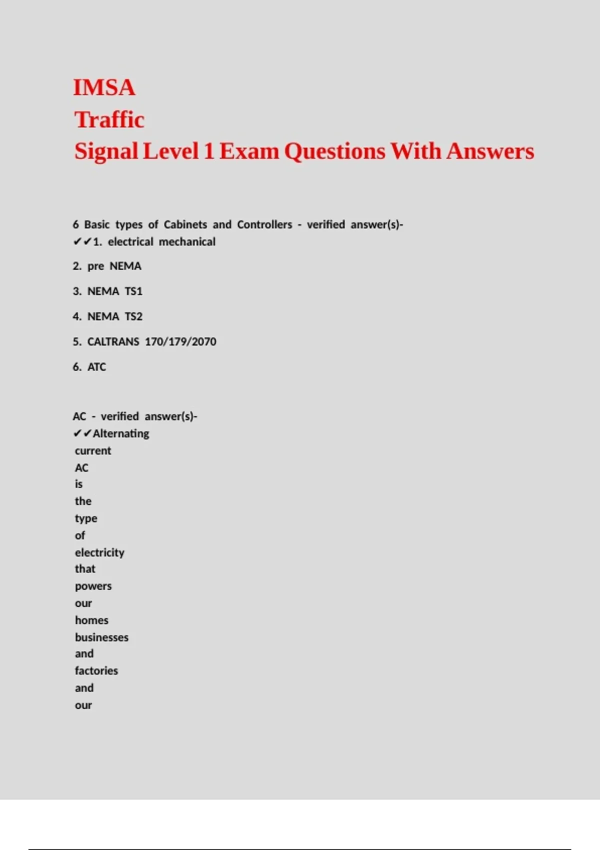IMSA Traffic Signal Level 1 Exam Questions With Answers - IMSA Traffic ...