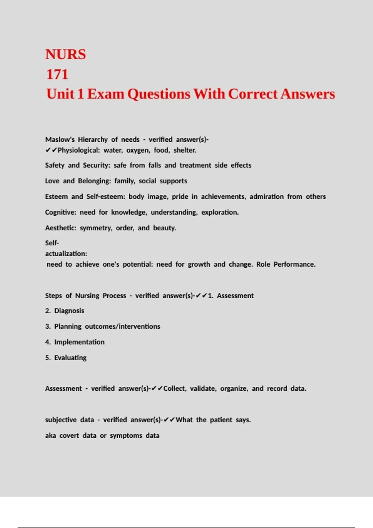 NURS 171 Unit 1 Exam Questions With Correct Answers - NURS - 171 ...