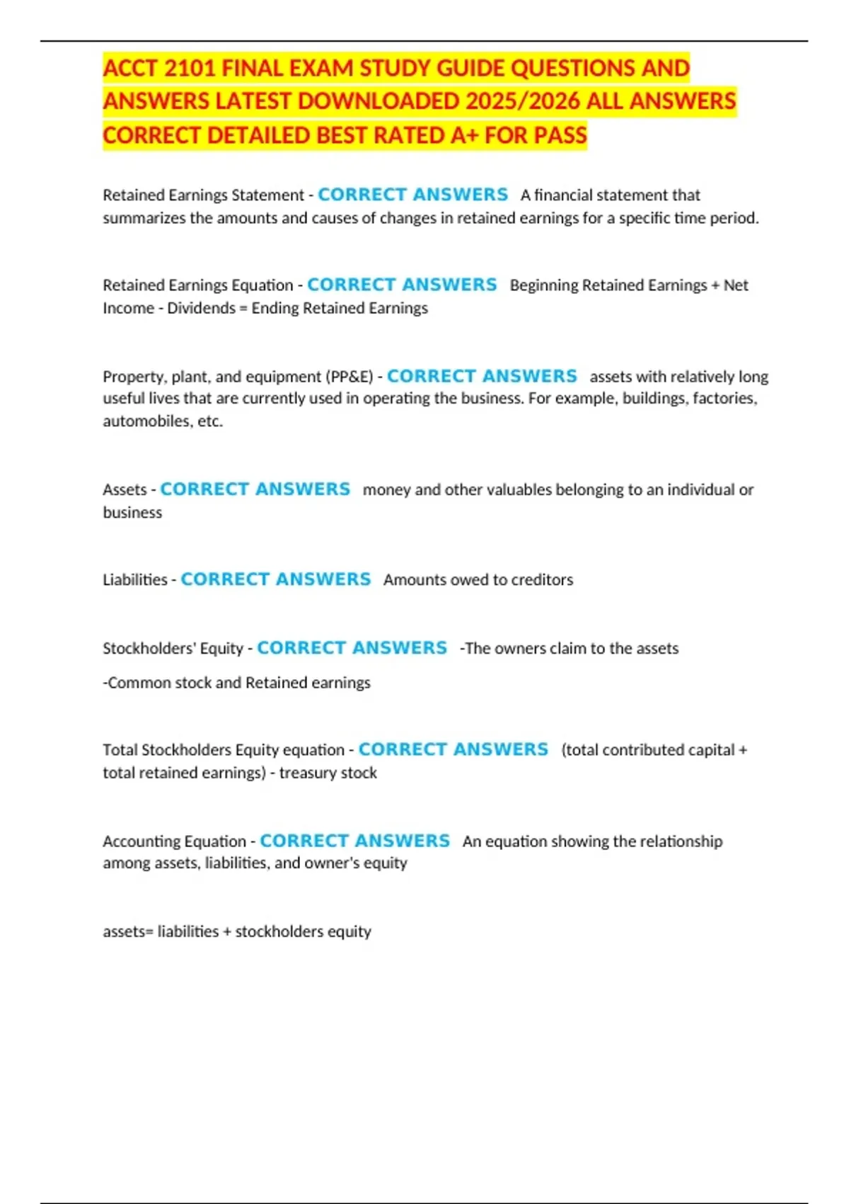 ACCT 2101 FINAL EXAM STUDY GUIDE QUESTIONS AND ANSWERS LATEST ...