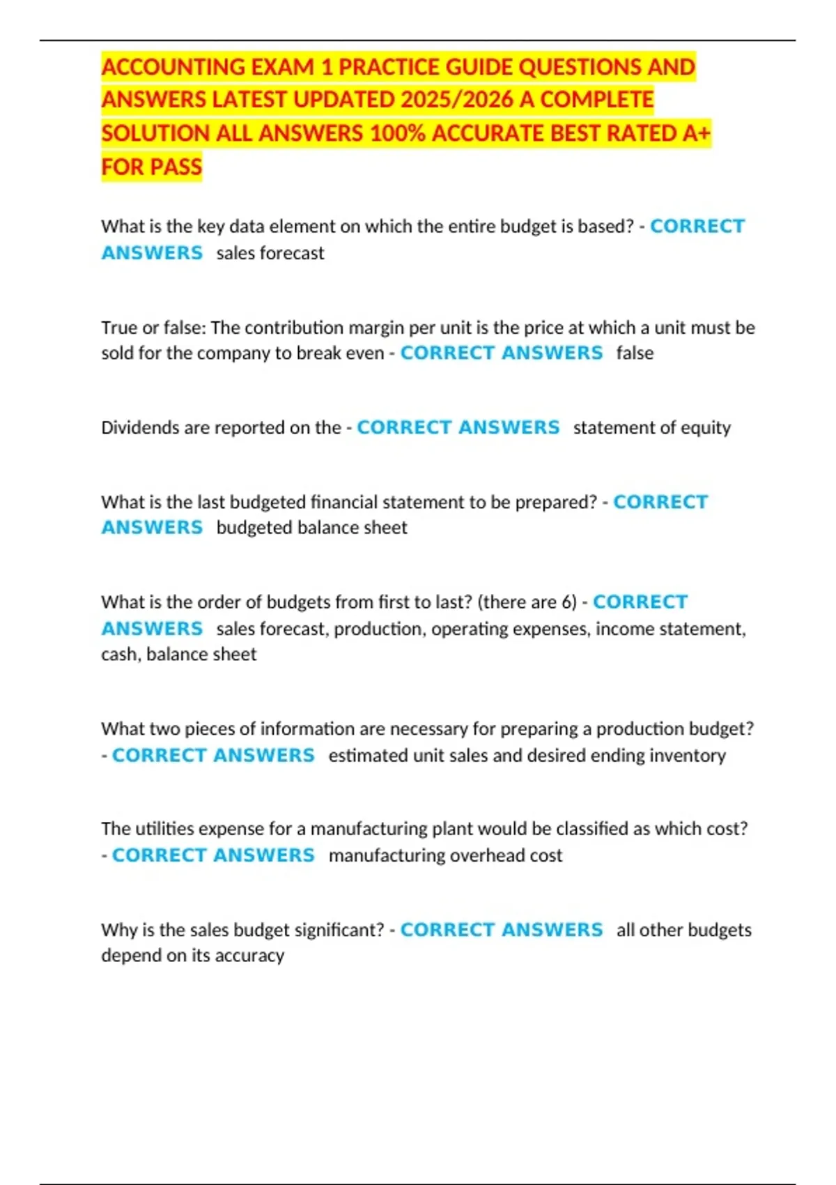 ACCOUNTING EXAM 1 PRACTICE GUIDE QUESTIONS AND ANSWERS LATEST UPDATED ...