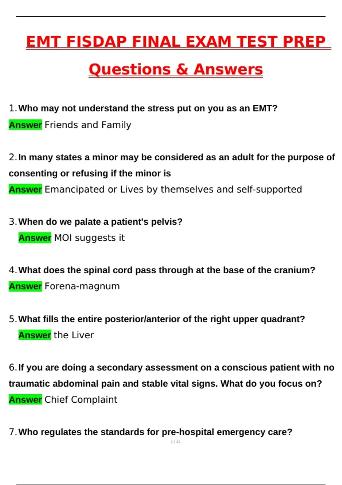 EMT Fisdap Final Exam Test Prep 2025 Questions and Answers (2025 / 2026 ...