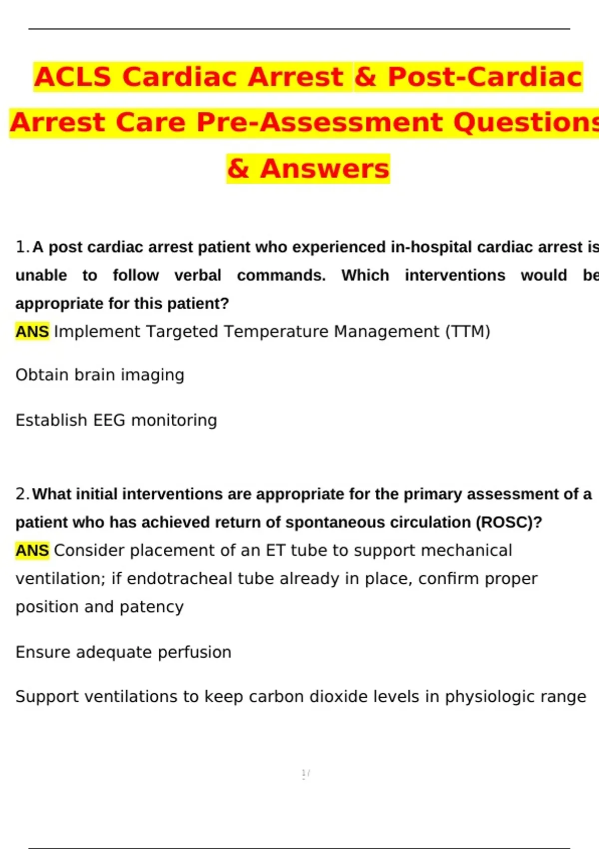ACLS Cardiac Arrest and Post-Cardiac Arrest Care - Pre-Assessment Exam ...