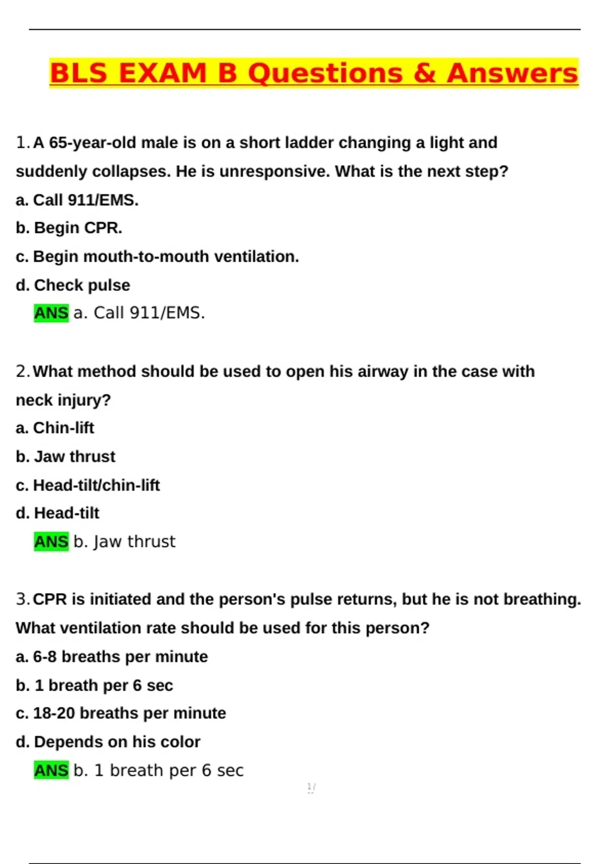 Bls Basic Question BLS Exam B (Latest 2025 / 2026 Update) Actual Questions and Verified ...