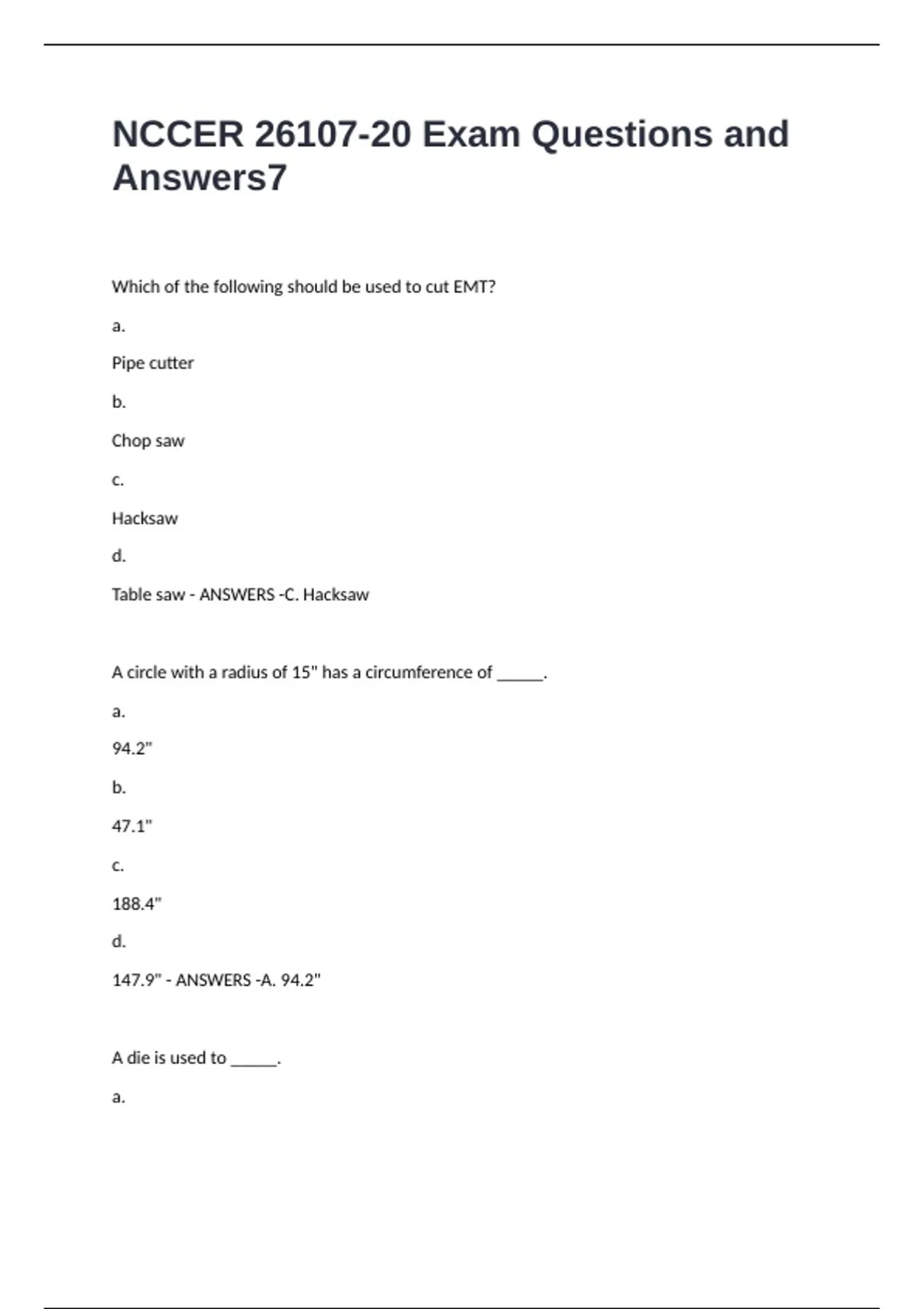 NCCER 26107-20 Exam Questions and Answers - NCCER 26107-20 - Stuvia US