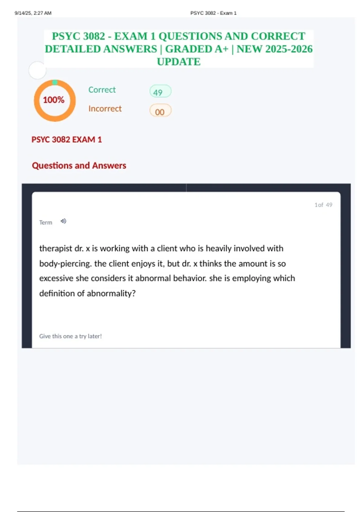 PSYC 3082 - EXAM 1 QUESTIONS AND CORRECT DETAILED ANSWERS | GRADED A+ ...
