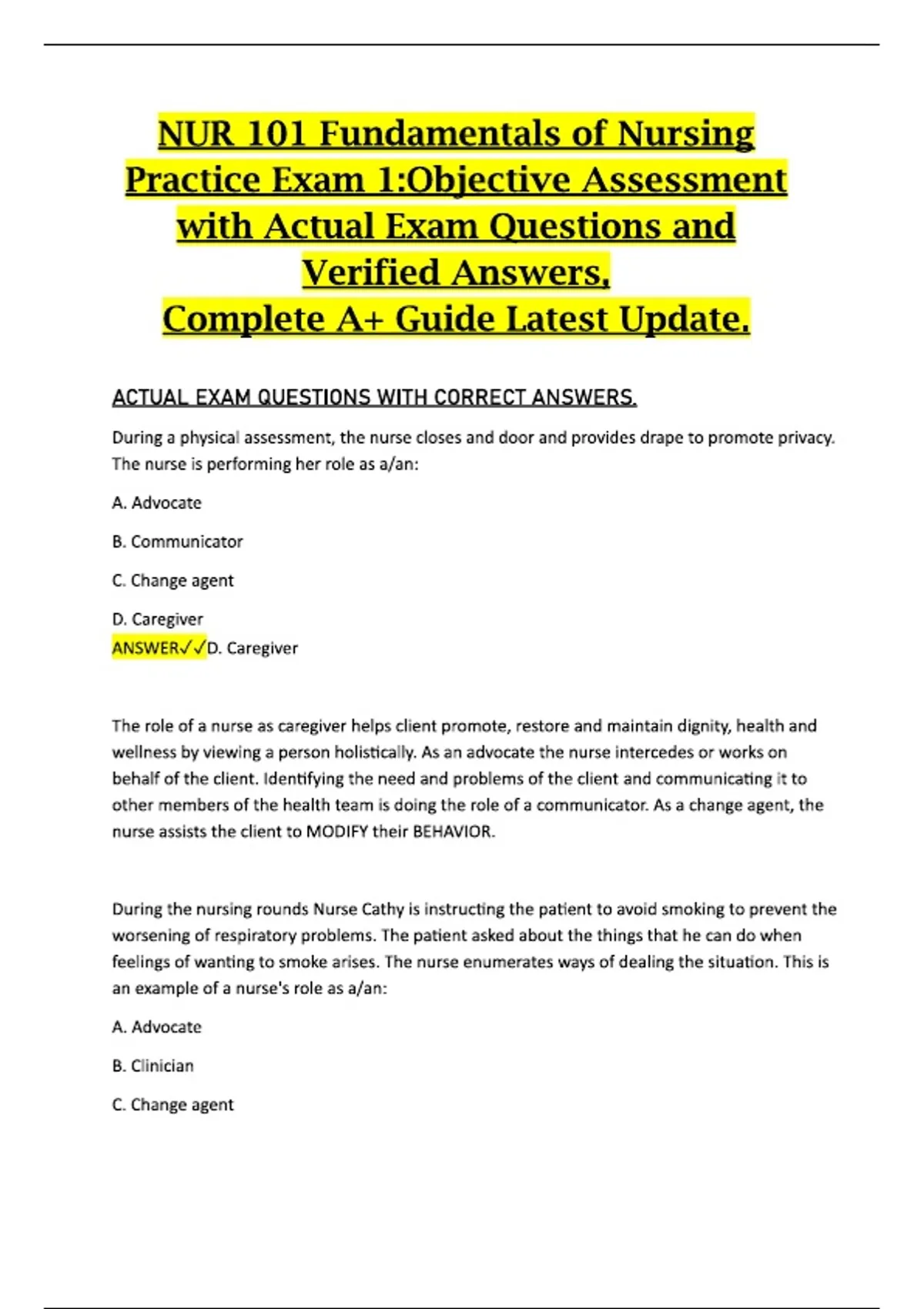 NUR 101 Fundamentals of Nursing Practice Exam 1:Objective Assessment ...