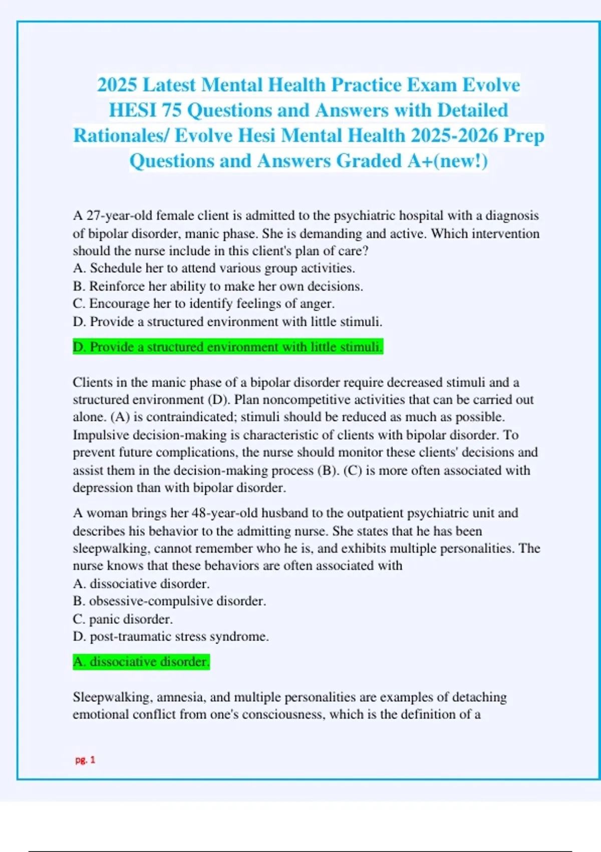 2025 Latest Mental Health Practice Exam Evolve HESI 75 Questions and ...