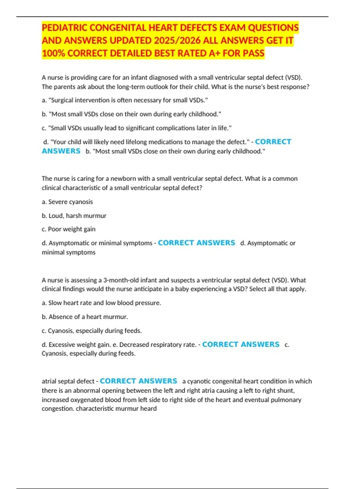 PEDIATRIC CONGENITAL HEART DEFECTS EXAM QUESTIONS AND ANSWERS UPDATED ...