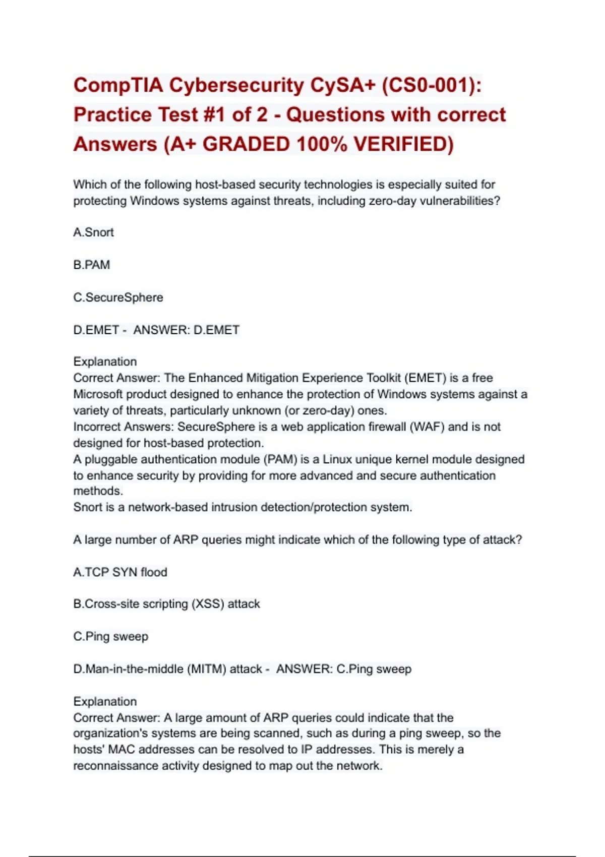 CompTIA Cybersecurity CySA+ (CS0-001): Practice Test #1 of 2 ...