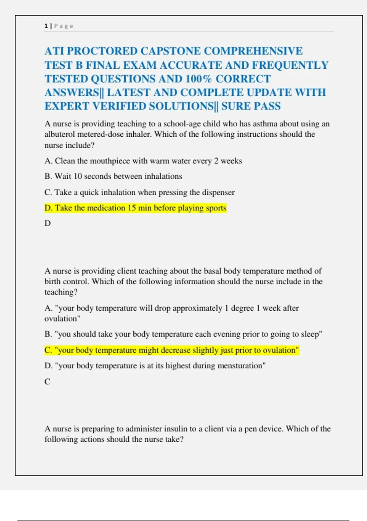 ATI PROCTORED CAPSTONE COMPREHENSIVE TEST B FINAL EXAM ACCURATE AND ...