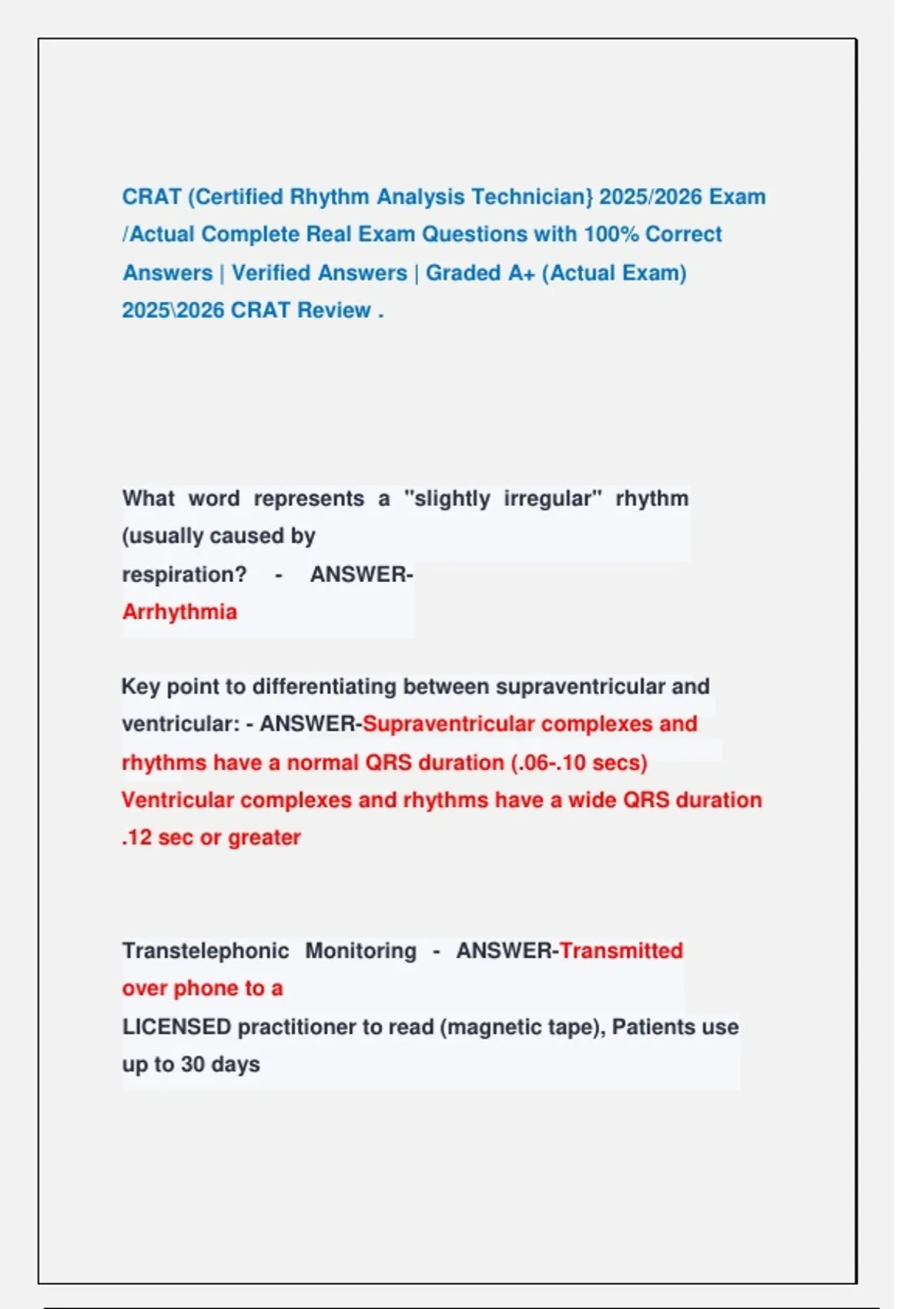 CRAT (Certified Rhythm Analysis Technician} 2025/2026 Exam /Actual ...