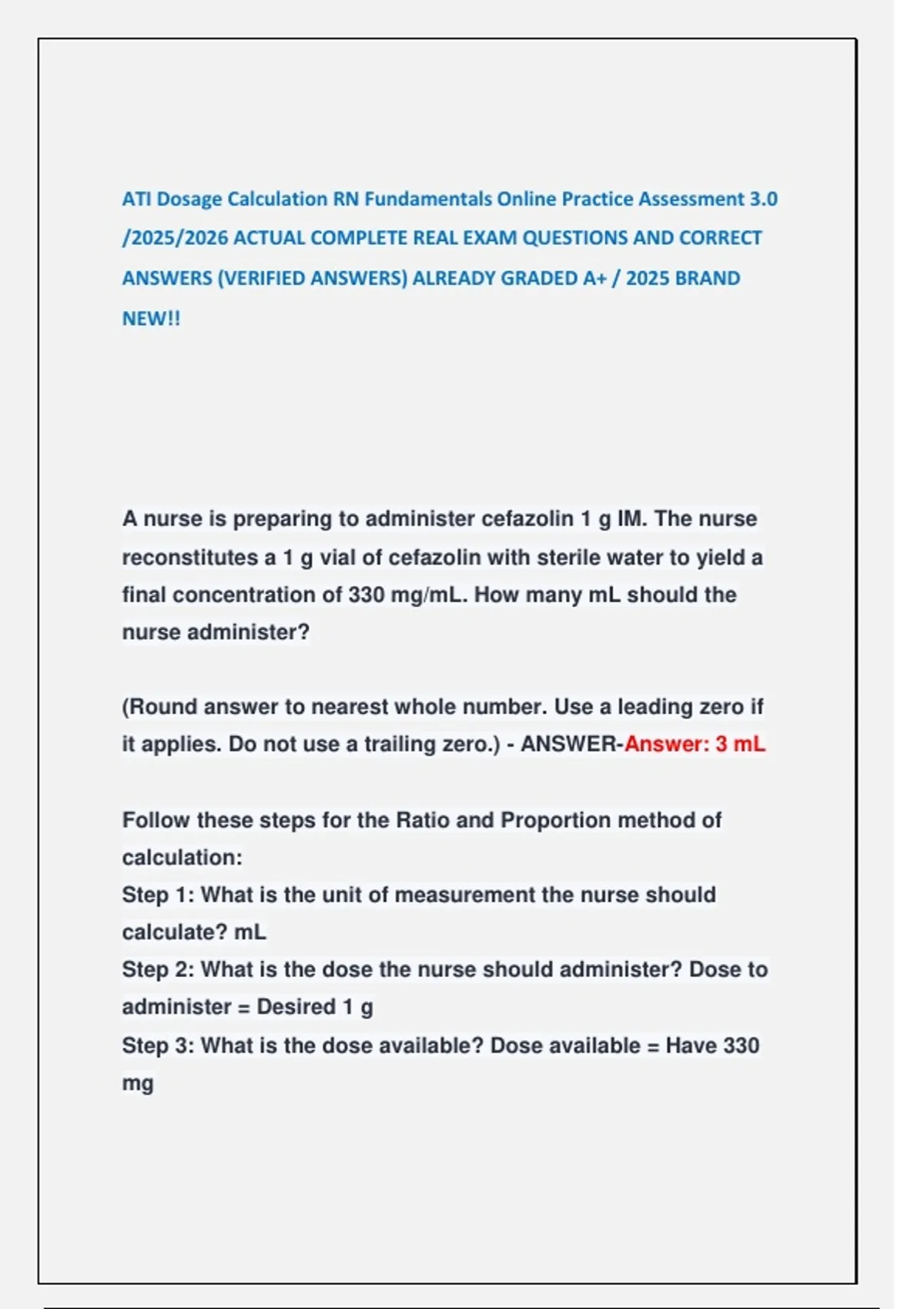 ATI Dosage Calculation RN Fundamentals Online Practice Assessment 3.0 ...