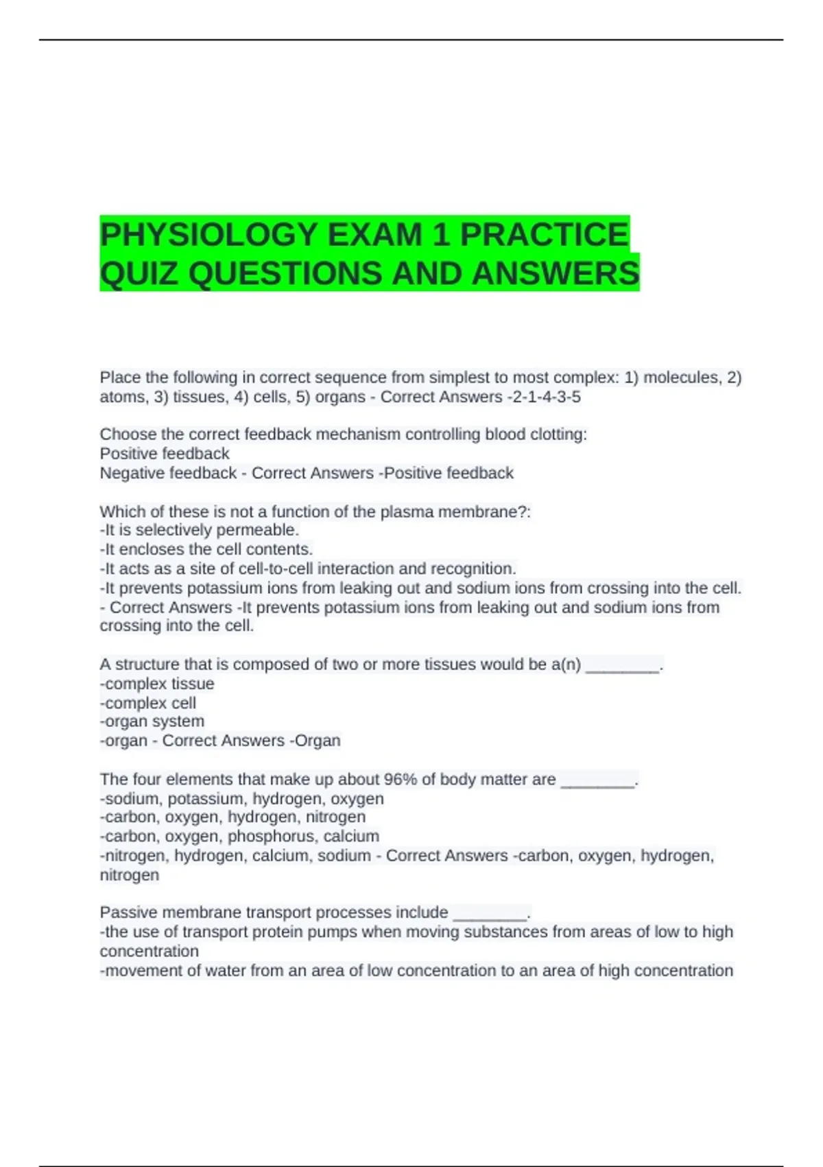 PHYSIOLOGY EXAM 1 PRACTICE QUIZ QUESTIONS AND ANSWERS - Human ...