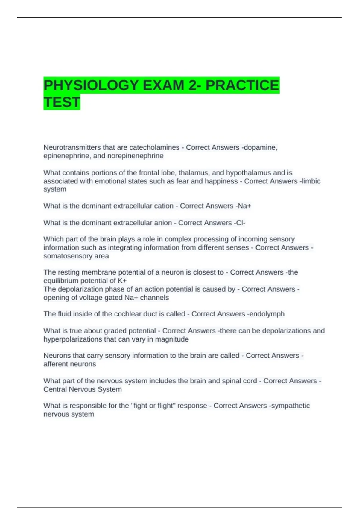 PHYSIOLOGY EXAM 2- PRACTICE TEST QUESTIONS AND ANSWERS - Human ...