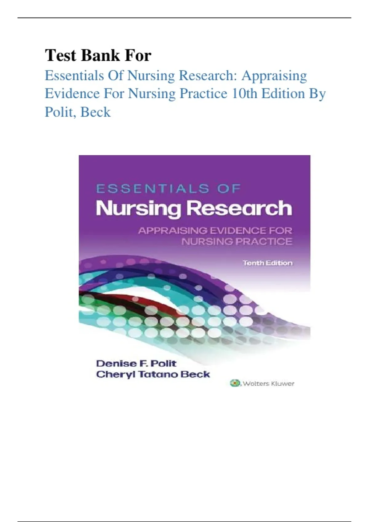Test Bank for Essentials of Nursing Research: Appraising Evidence for ...