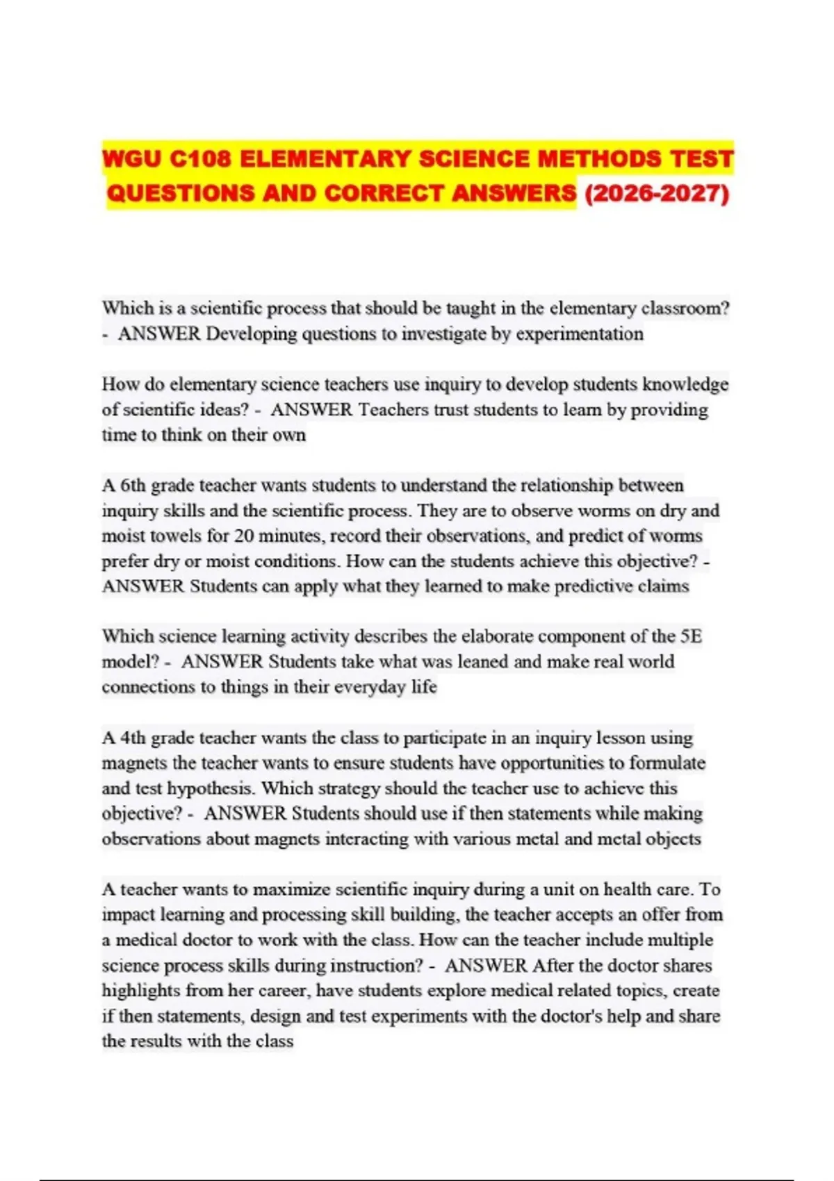 WGU C108 ELEMENTARY SCIENCE METHODS TEST QUESTIONS AND CORRECT ANSWERS ...
