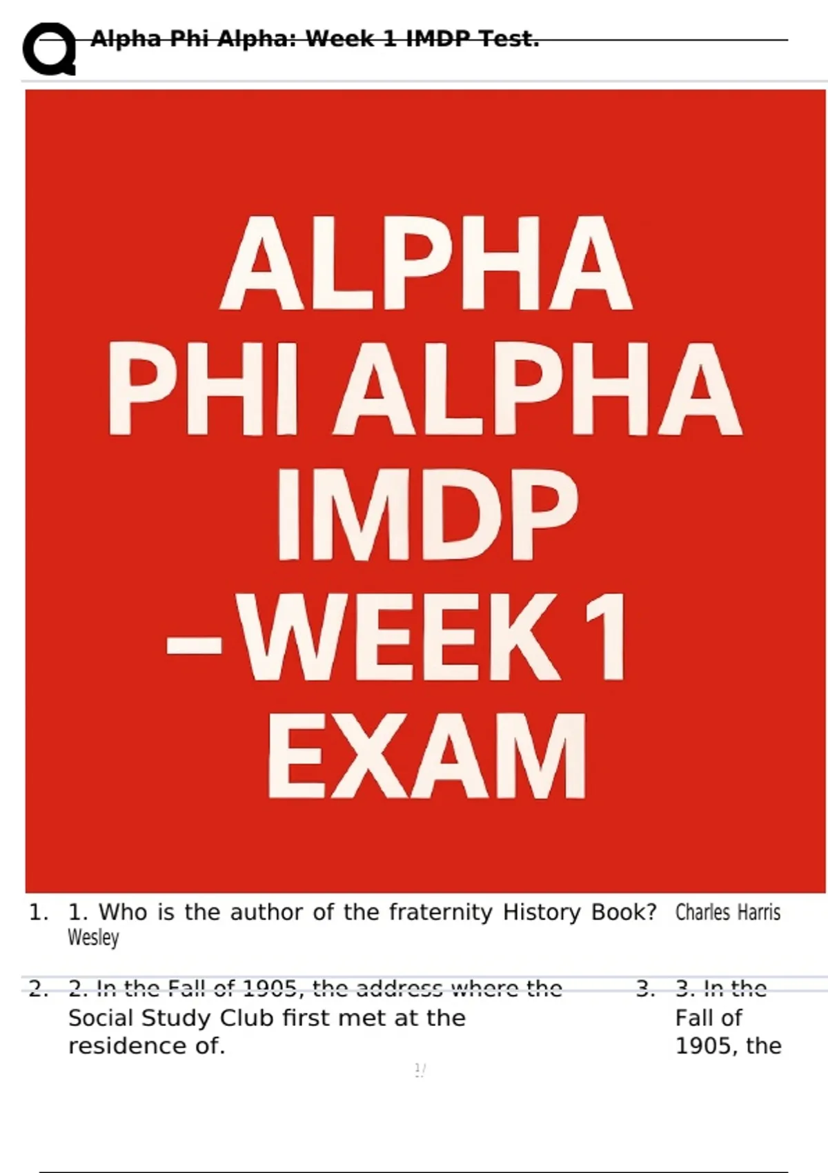 Alpha Phi Alpha: Week 1 IMDP Test - IMDP - Stuvia US