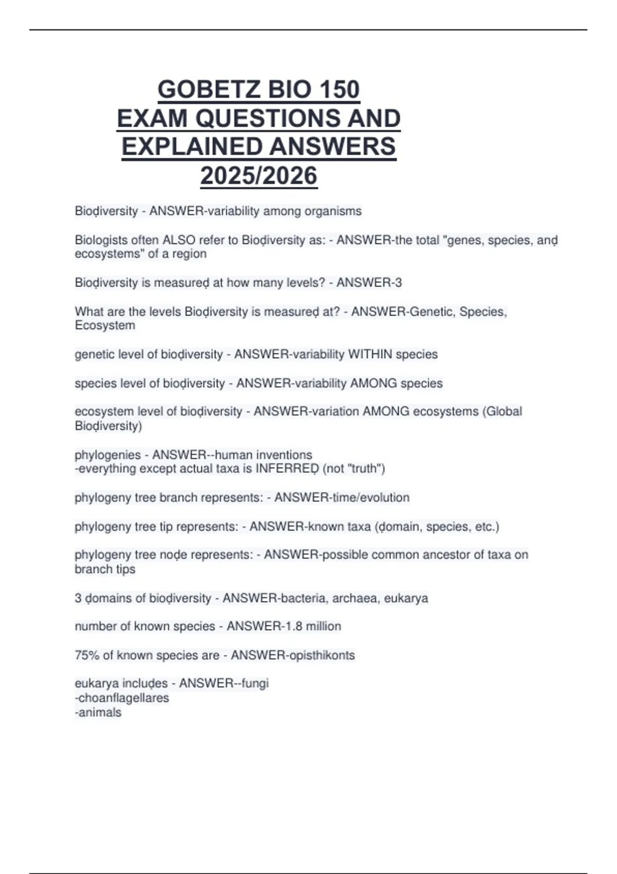 GOBETZ BIO 150 EXAM QUESTIONS AND EXPLAINED ANSWERS 2025/2026 - BIO 150 ...