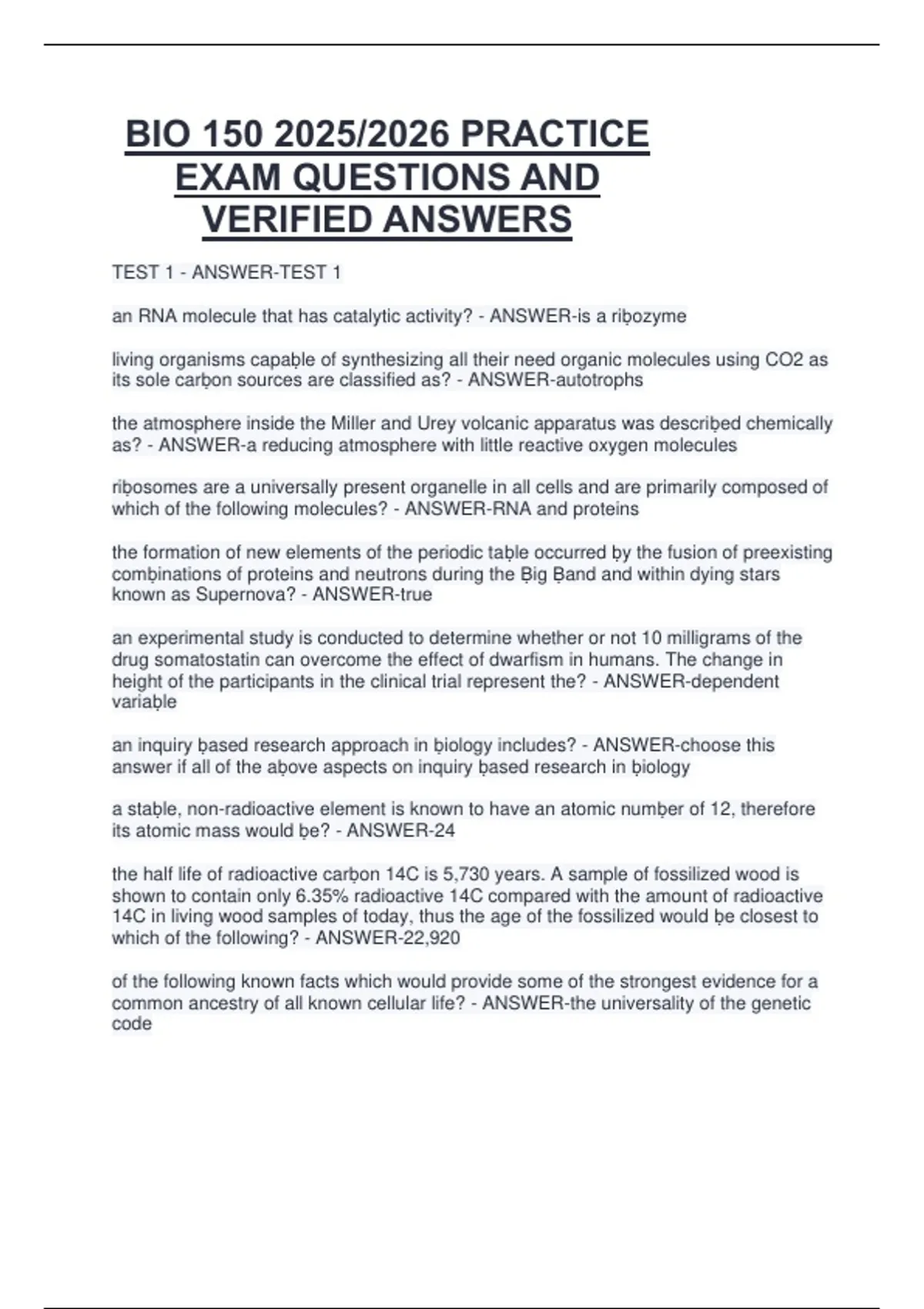 BIO 150 2025/2026 PRACTICE EXAM QUESTIONS AND VERIFIED ANSWERS - BIO ...