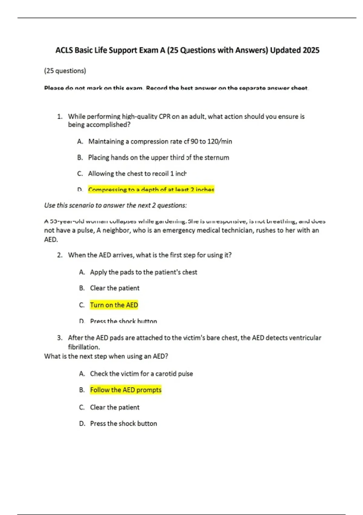 ACLS Basic Life Support Exam A (25 Questions with Answers) Updated 2025 ...