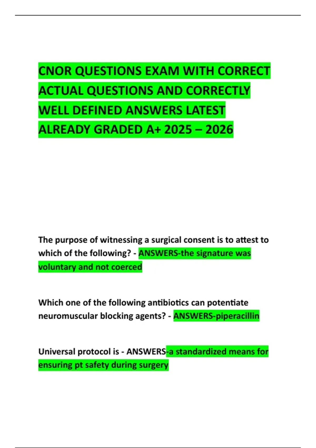 CNOR QUESTIONS EXAM WITH CORRECT ACTUAL QUESTIONS AND CORRECTLY WELL ...