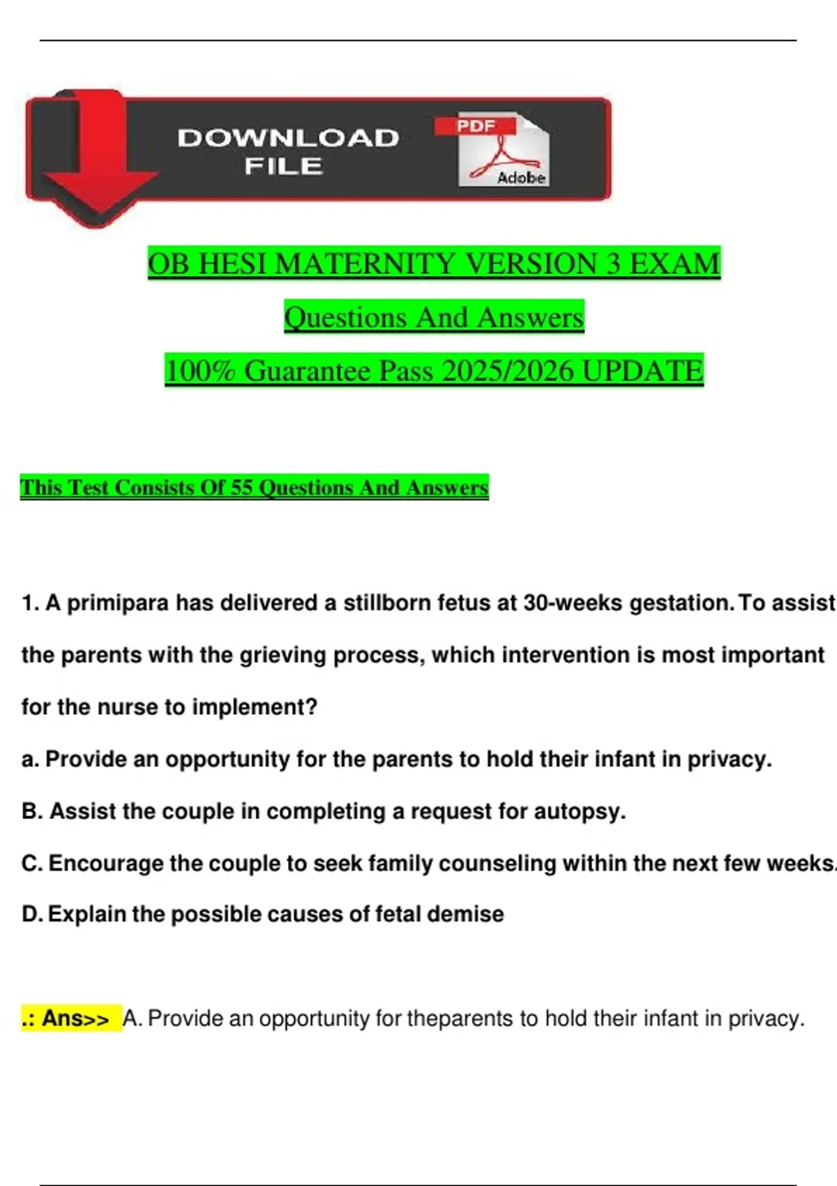 OB HESI Maternity Exam Version 3 | 55 Questions & Answers | Updated ...