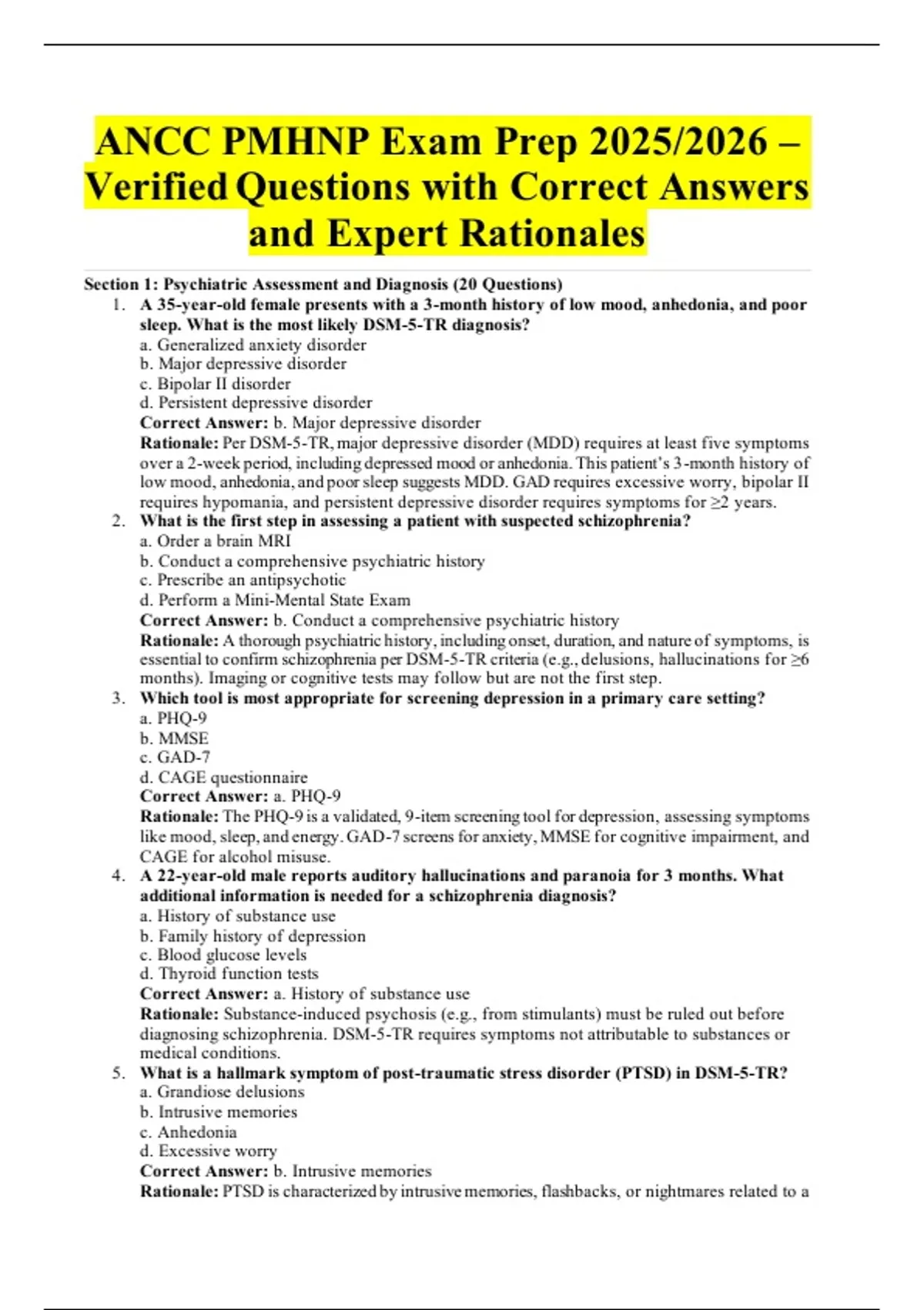 ANCC PMHNP Exam Prep 2025/2026 – Verified Questions with Correct ...