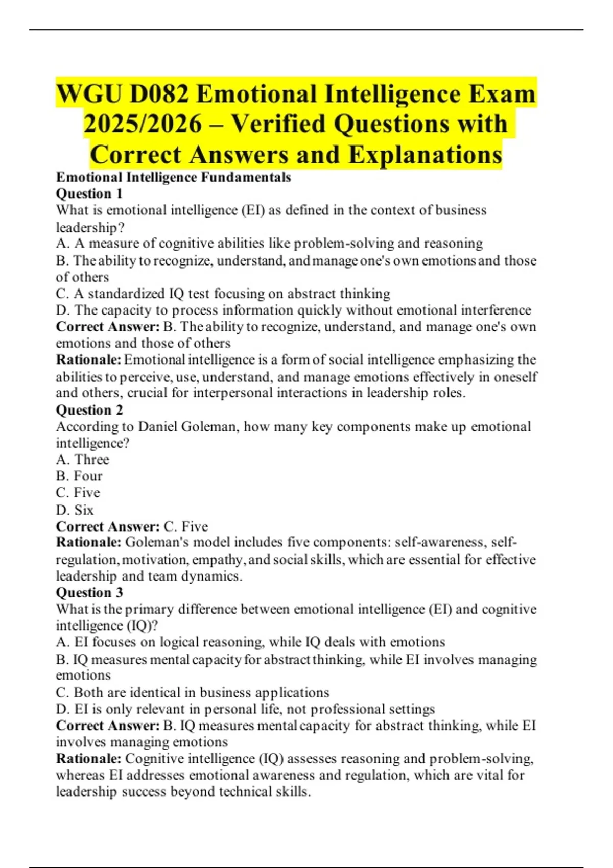 Task 2 Wgu D082 Assignment.pdf WGU D082 Emotional Intelligence Exam 2025/2026 – Verified Questions ...