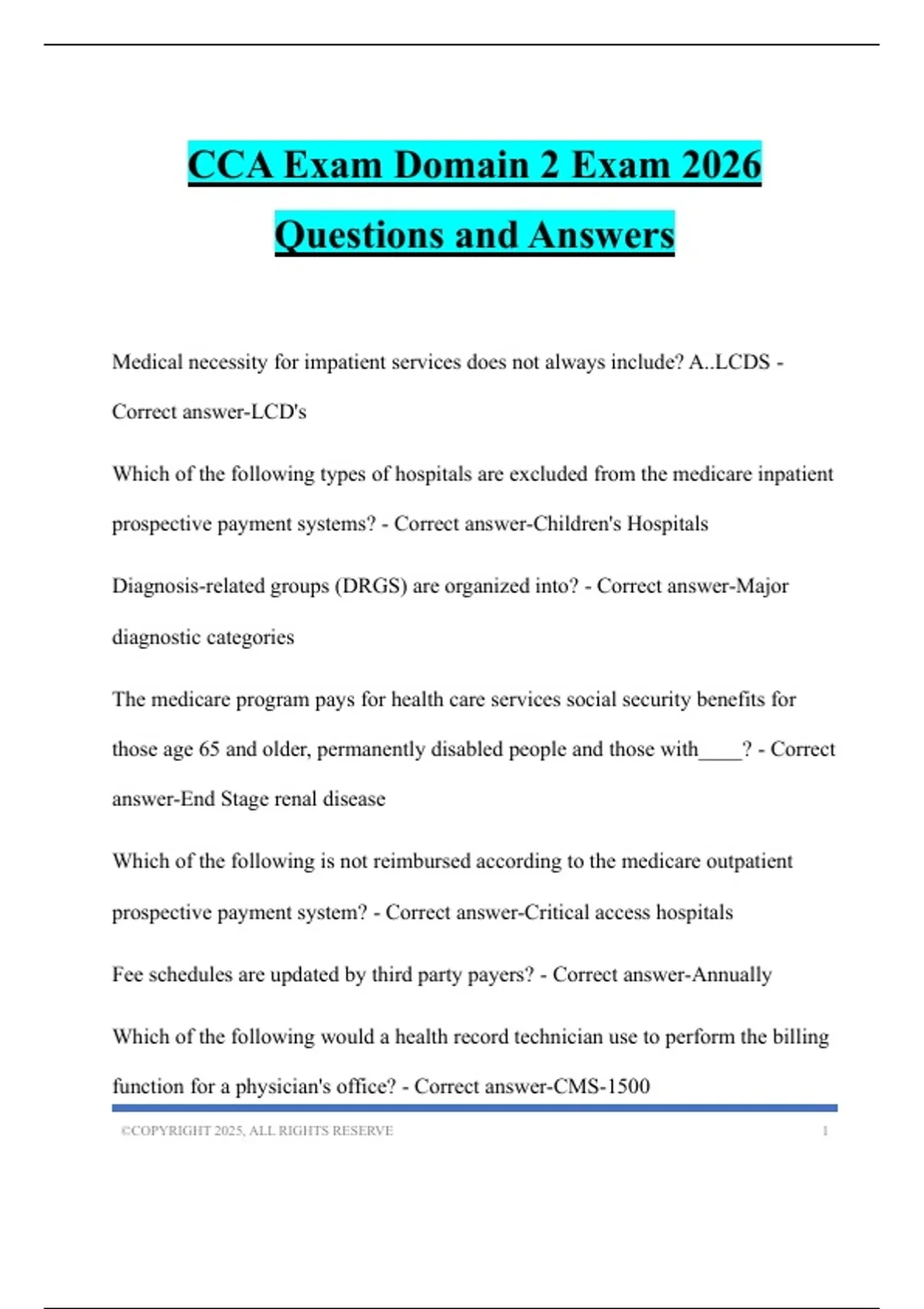 CCA Exam Domain 2 Exam 2026 Questions and Answers - AHIMA CCA - Stuvia US