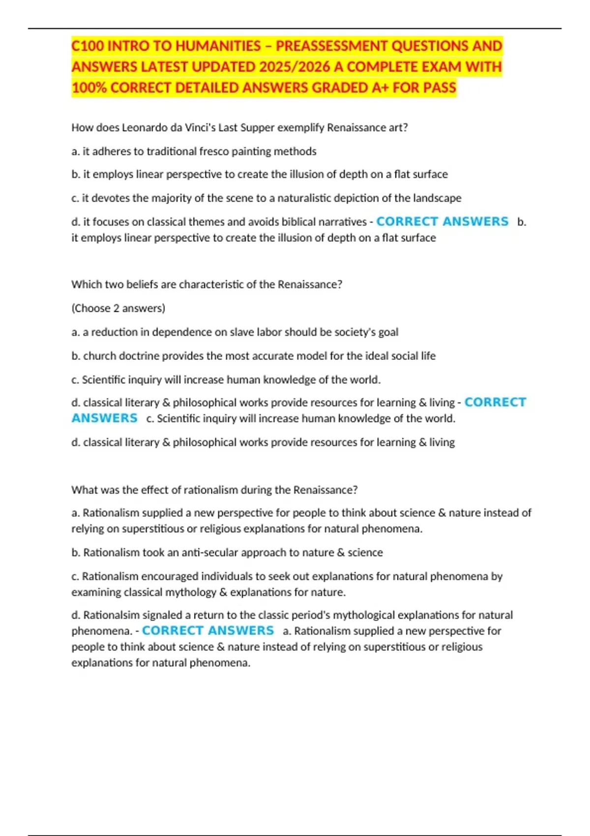 C100 INTRO TO HUMANITIES – PREASSESSMENT QUESTIONS AND ANSWERS LATEST ...