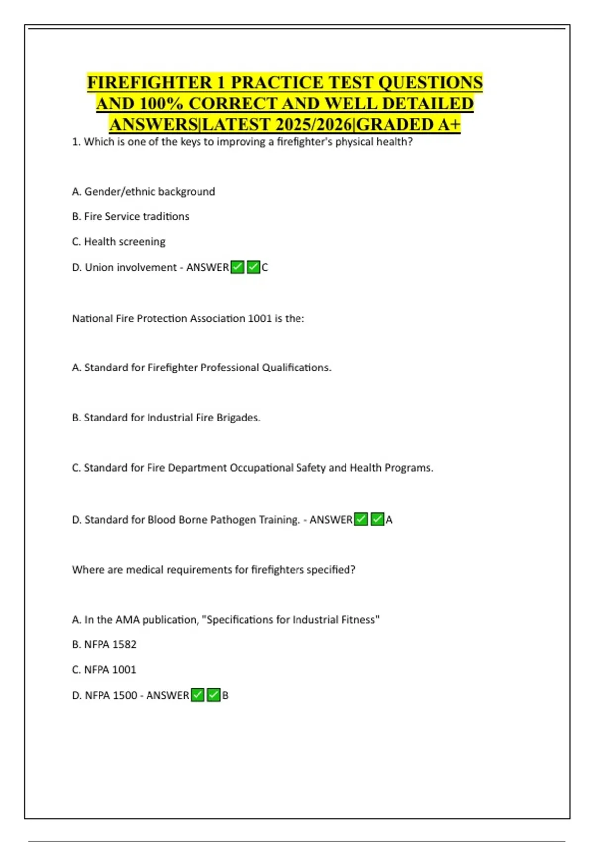 FIREFIGHTER 1 PRACTICE TEST QUESTIONS AND 100% CORRECT AND WELL ...
