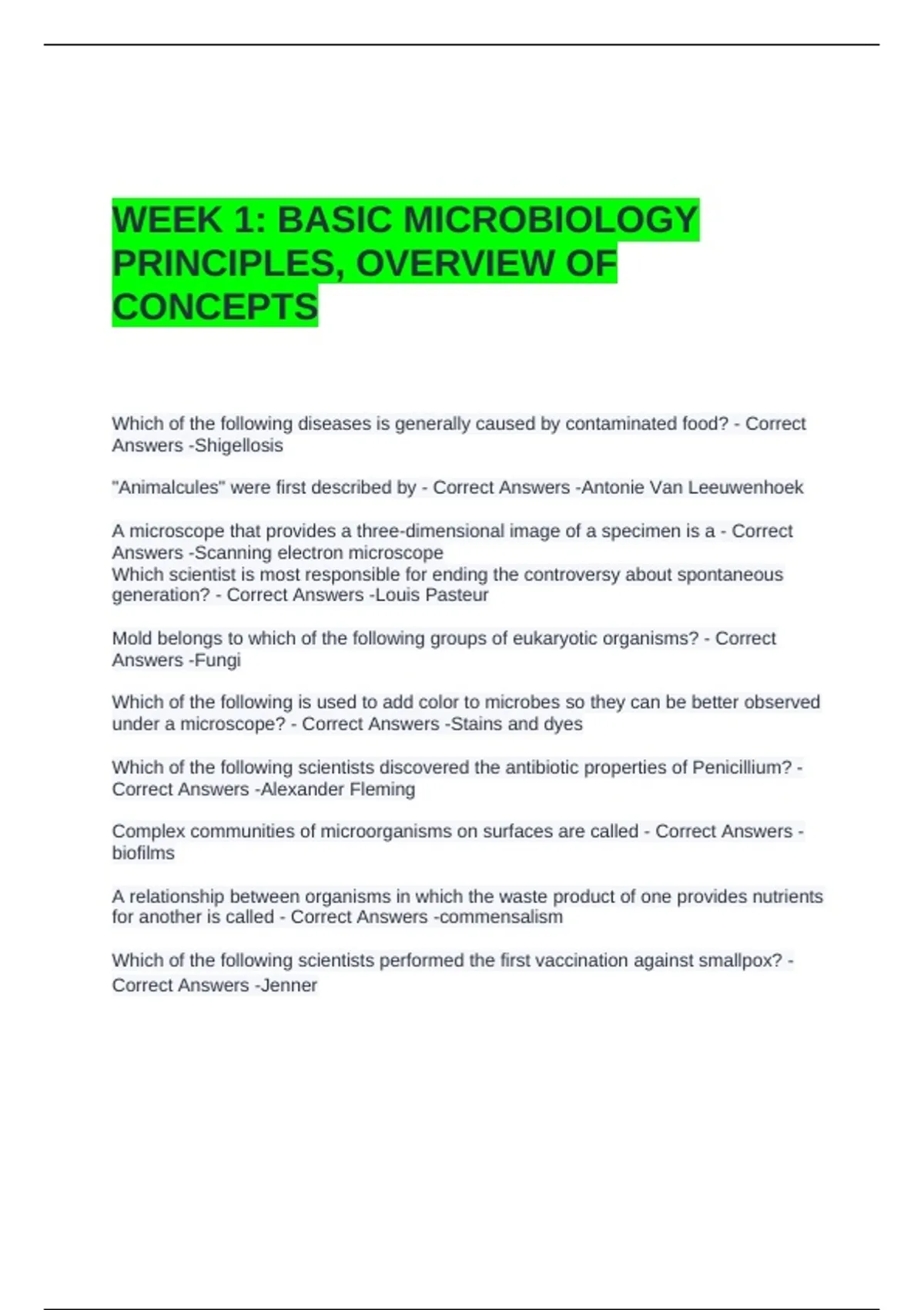 WEEK 1 BASIC MICROBIOLOGY PRINCIPLES, OVERVIEW OF CONCEPTS EXAM ...