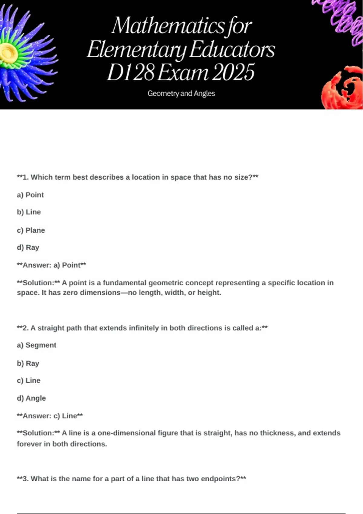Mathematics for Elementary Educators D128 Exam 2025 | Geometry & Angles ...