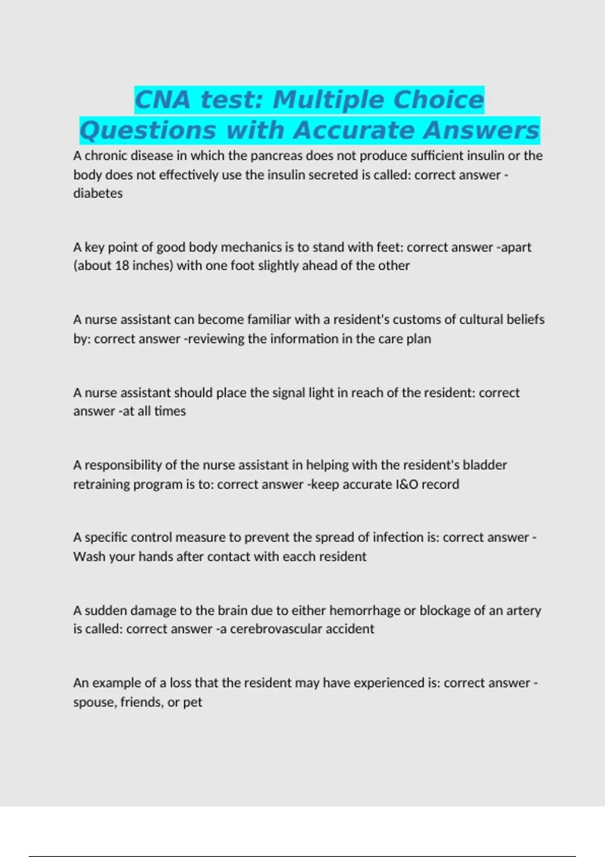 CNA test: Multiple Choice Questions with Accurate Answers - CNA ...
